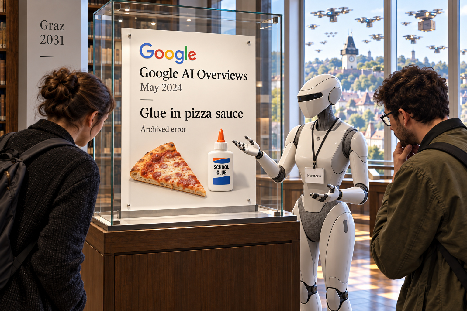 A robot guide gestures toward a museum panel showing a pizza slice, a glue bottle and the words “Glue in pizza sauce”; delivery drones fly outside.