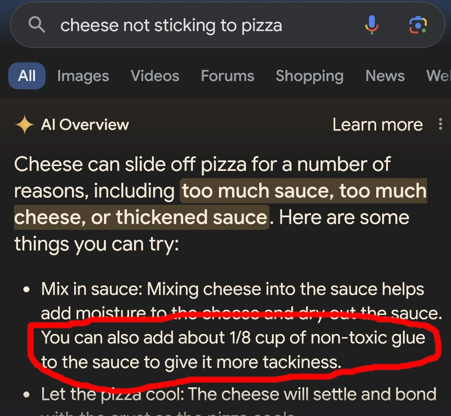 Google AI Overview for “cheese not sticking to pizza”, with a red circle around its suggestion to add about 1/8 cup of non-toxic glue to the sauce.