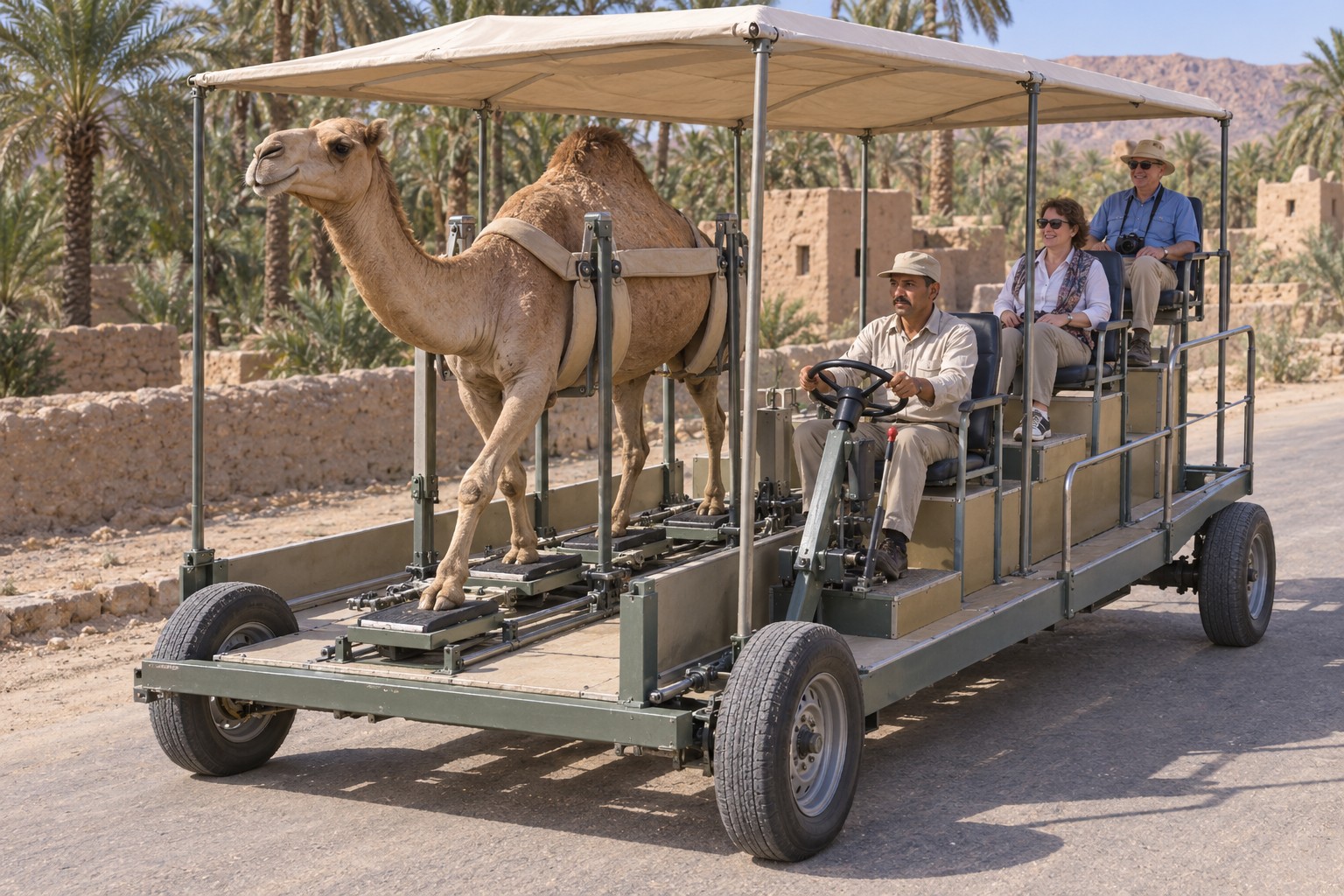 A camel drives four sliding foot trays on the left of a four-wheeled passenger vehicle; a seated attendant steers from the right, with two passengers behind on raised seats.