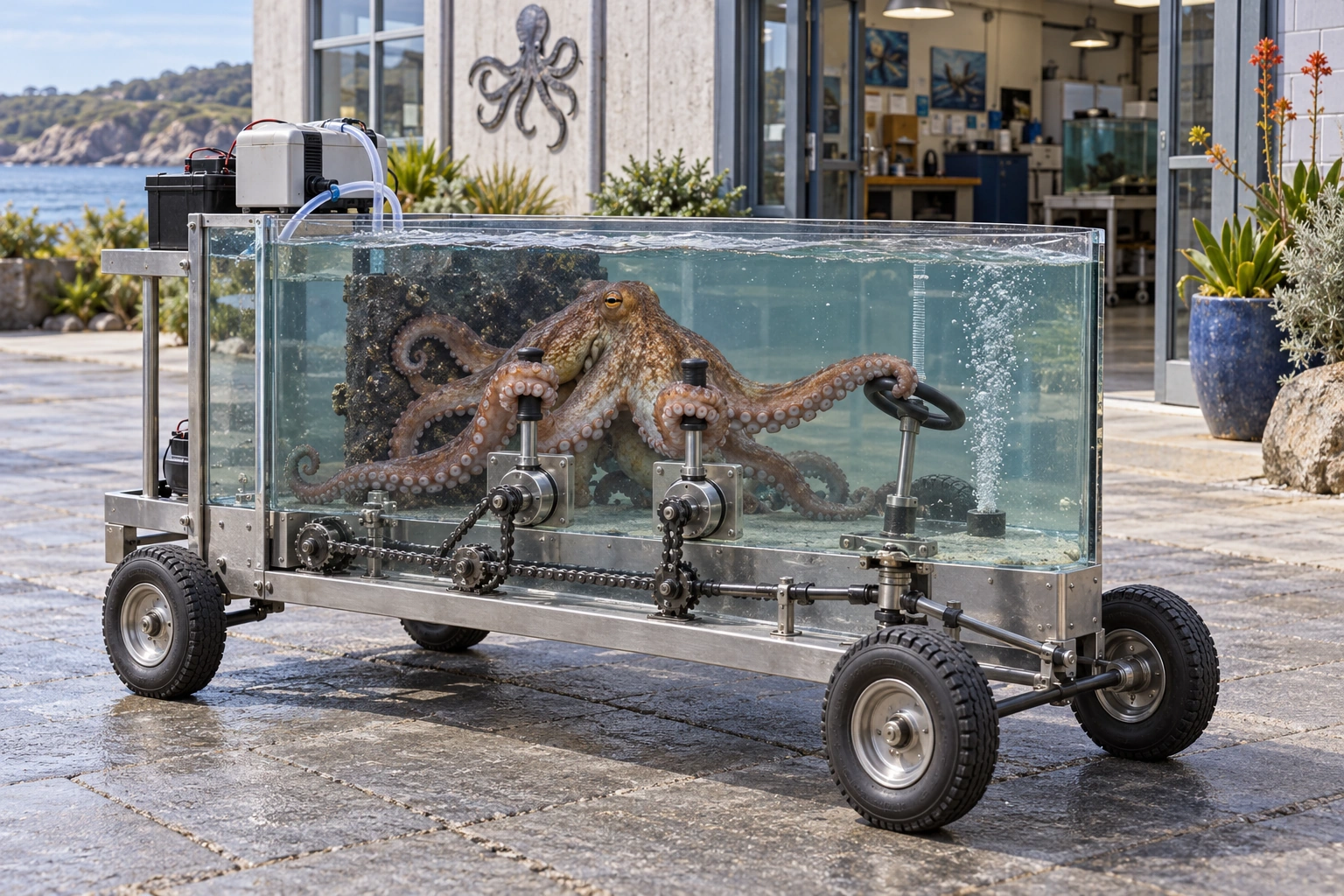 An octopus braces inside a seawater tank on a four-wheel chassis, grasping immersed drive handles and a separate steering grip. Chains connect the handles to the axle.