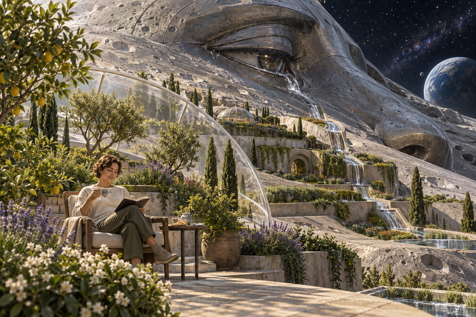A relaxed person reads over tea in a sheltered lunar garden while water from a colossal sorrowful eye runs down the sculpted cheek into irrigation channels.