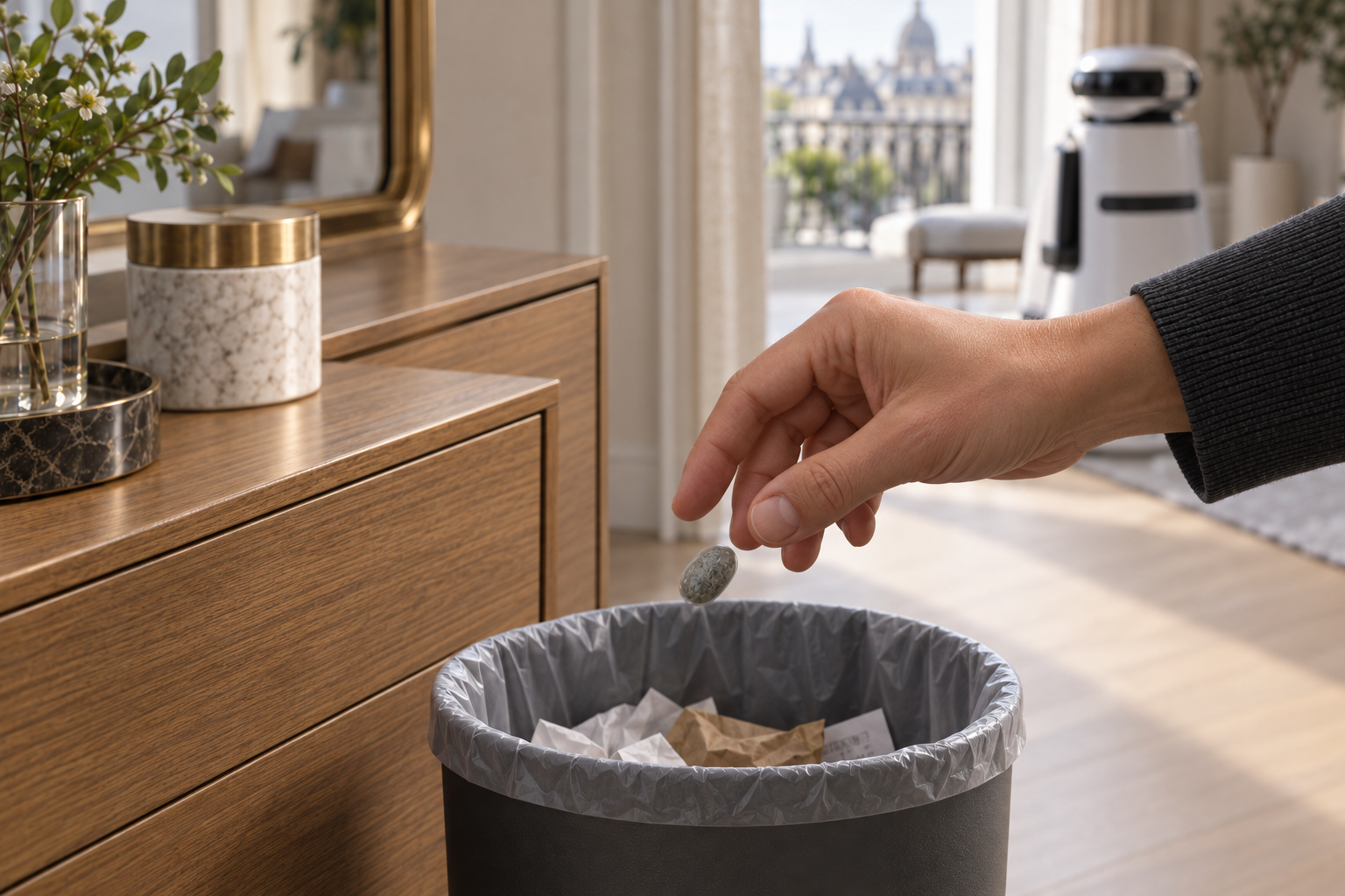 A hand drops a small grey pellet in a smooth synthesized skin into an ordinary lined wastebasket; a household robot stands in the background.