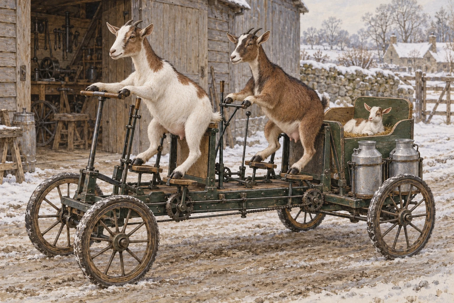 Two dairy goats stand in separate treadle bays on a four-wheeled farm vehicle, with milk cans on the rear chassis and a kid resting behind them.