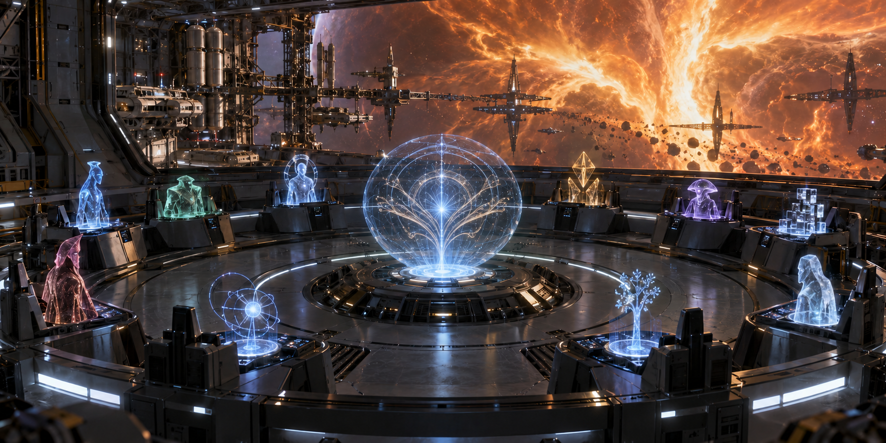 Holographic delegates at separate stations in an industrial orbital chamber face a central vote display, with Eta Carinae glowing beyond the viewport.