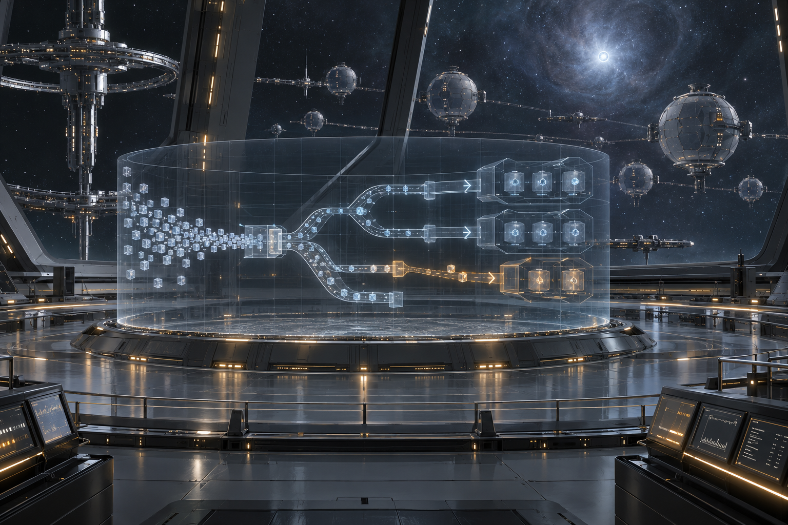 An archival visualization inside an orbital accounts chamber traces custody parcels from collectors to shielded gas vaults; one stream appears twice along a reserve route beneath the distant stellar remnant.