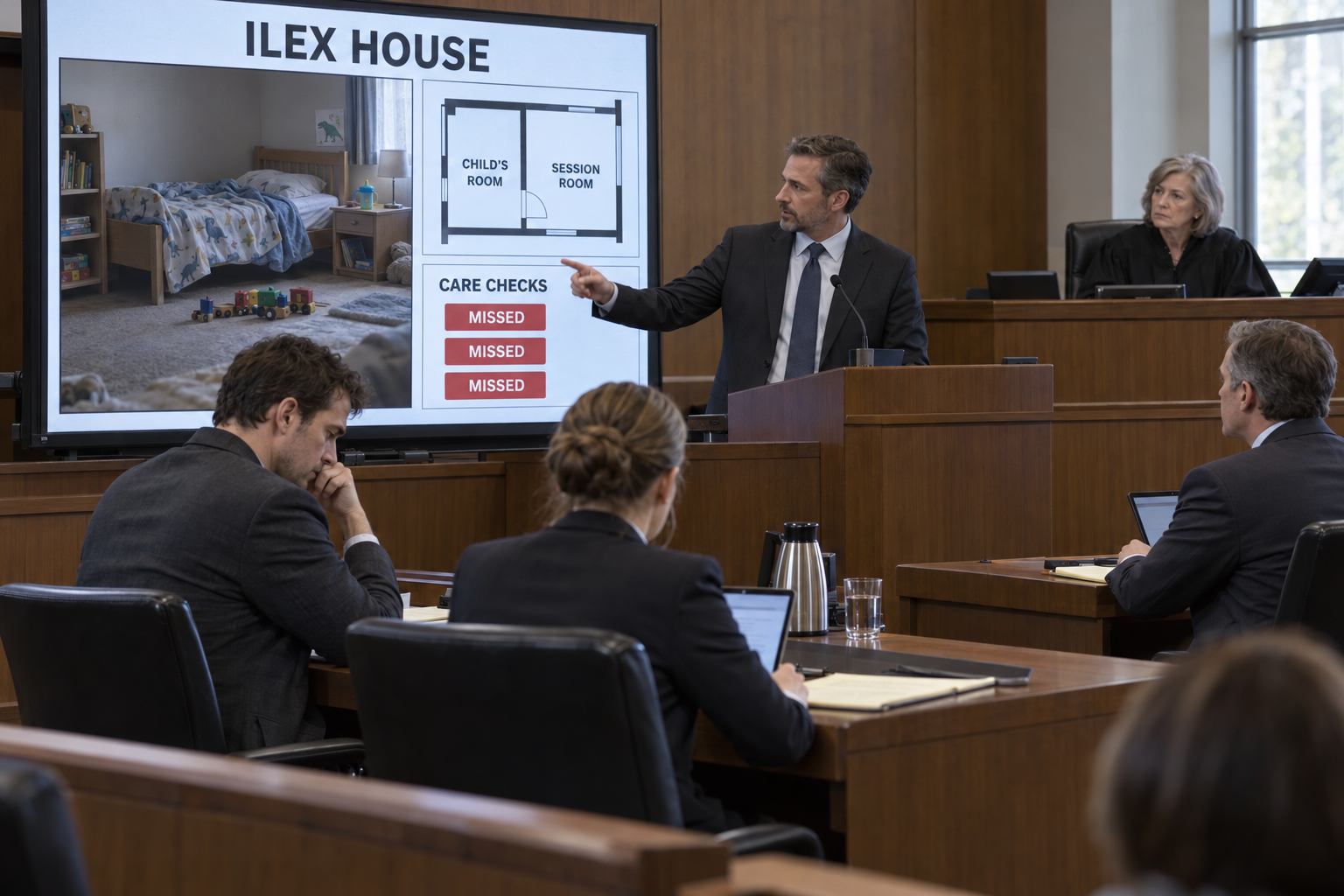 At an Ilex House hearing, an investigator points to an exhibit showing an empty child’s bedroom, adjoining rooms and missed care checks while the father and counsel listen.
