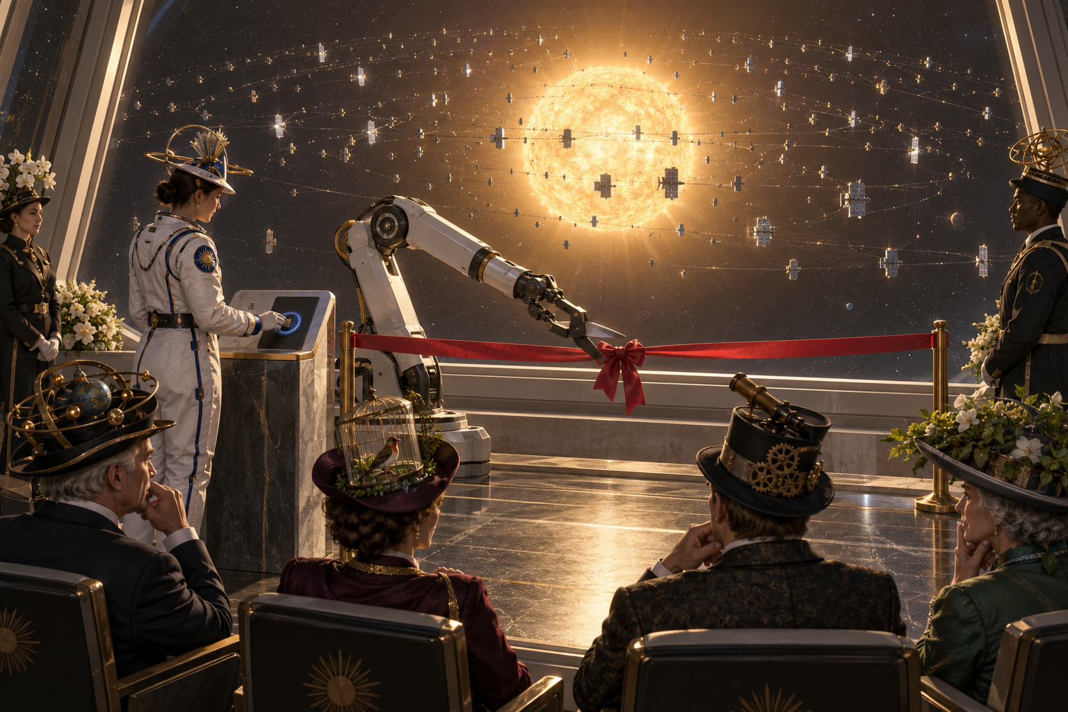 At an orbital reception, astronaut Chidinma Eze signs a console while a robotic arm cuts a red ribbon. Four seated commentators and attendants wear elaborate formal hats; separate solar collectors glint around the Sun beyond the window.