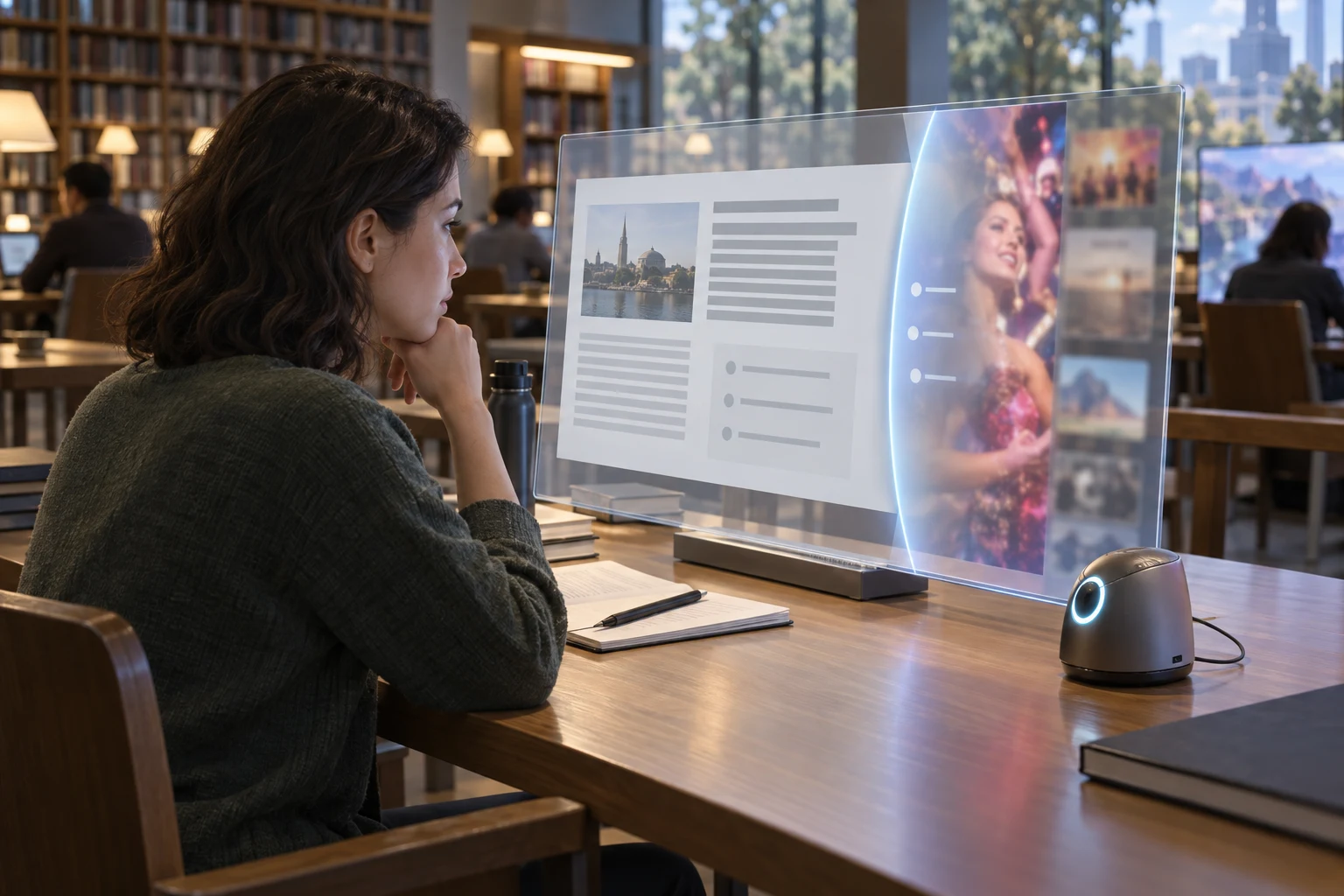 An adult at a reading-room desk views a neutral summary beside a muted vivid media display; a small personal guardian device sits by the screen.