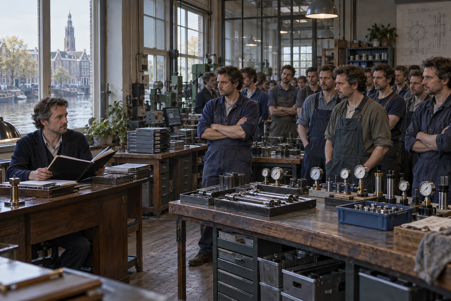 Inside a canal-side Delft instrument workshop, an inspector holds a ledger at a desk while a crowd of his working copies stands beside idle pressure gauges and torque wrenches.