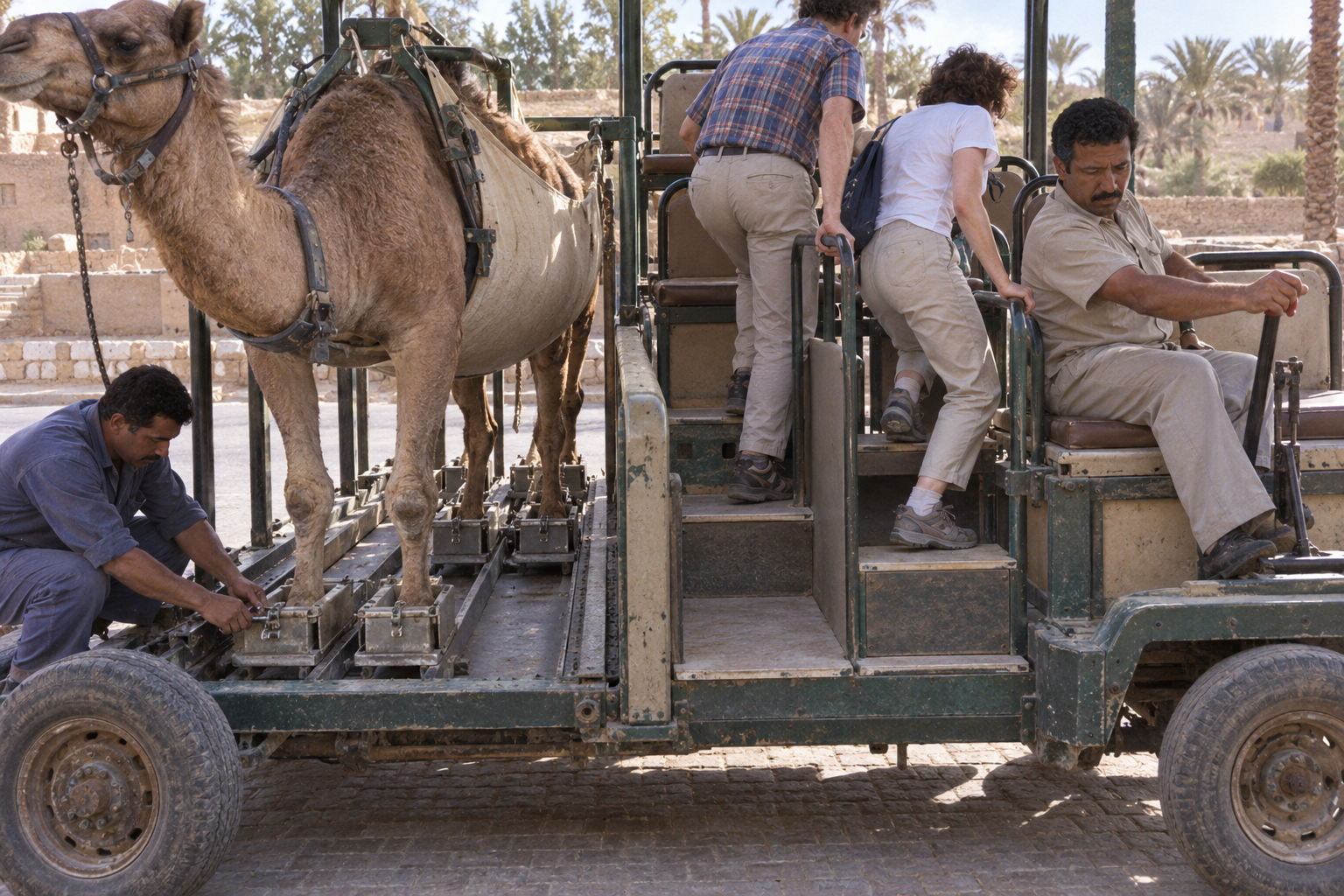 At a stopped Dromedary Express, a worker locks the camel’s front sliding trays while two passengers climb into stepped seats beside the seated driver.