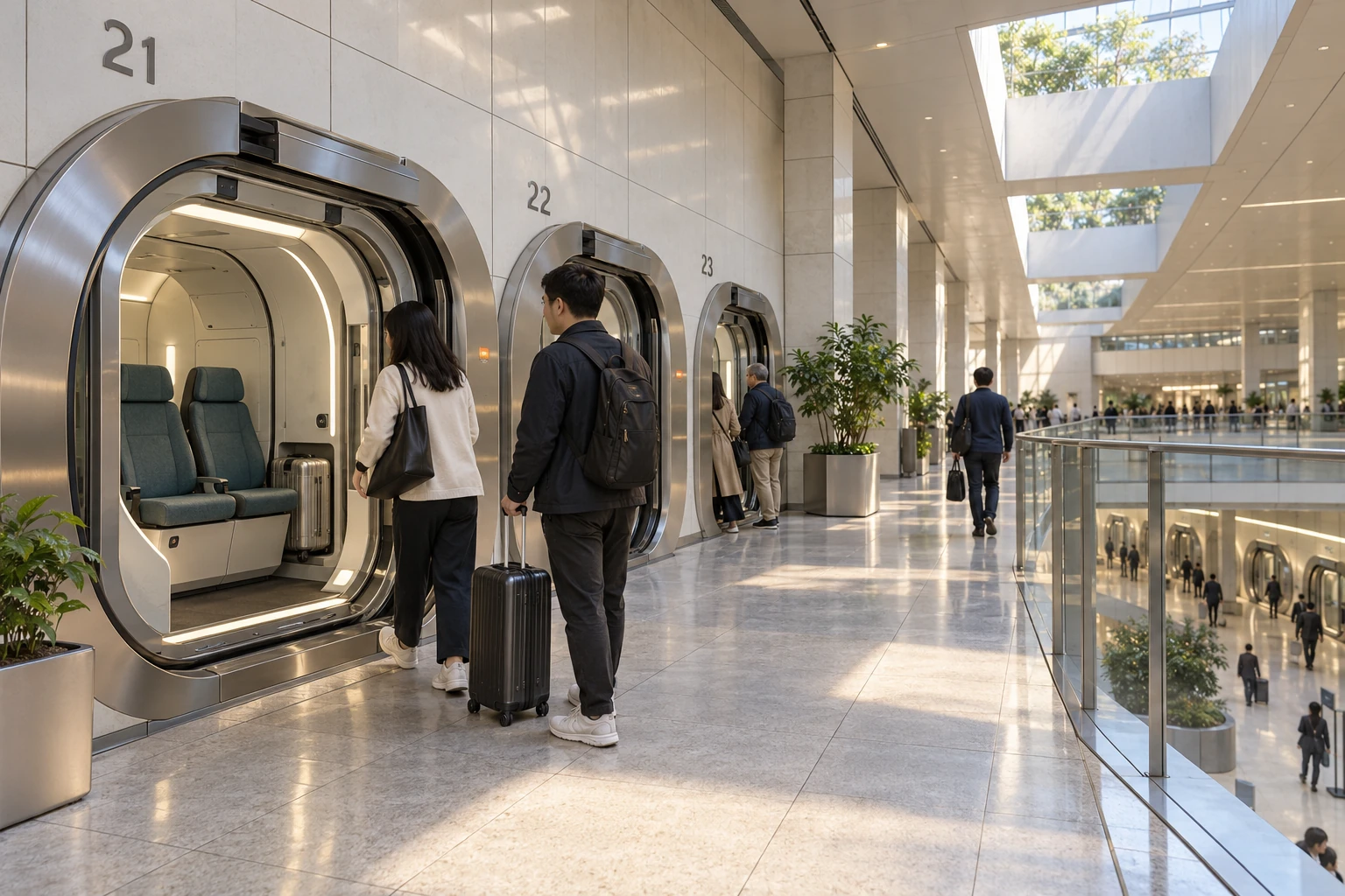 Passengers enter private two-seat pods through individual sealed boarding berths in a daylit Shanghai Central concourse, with another boarding level visible below.