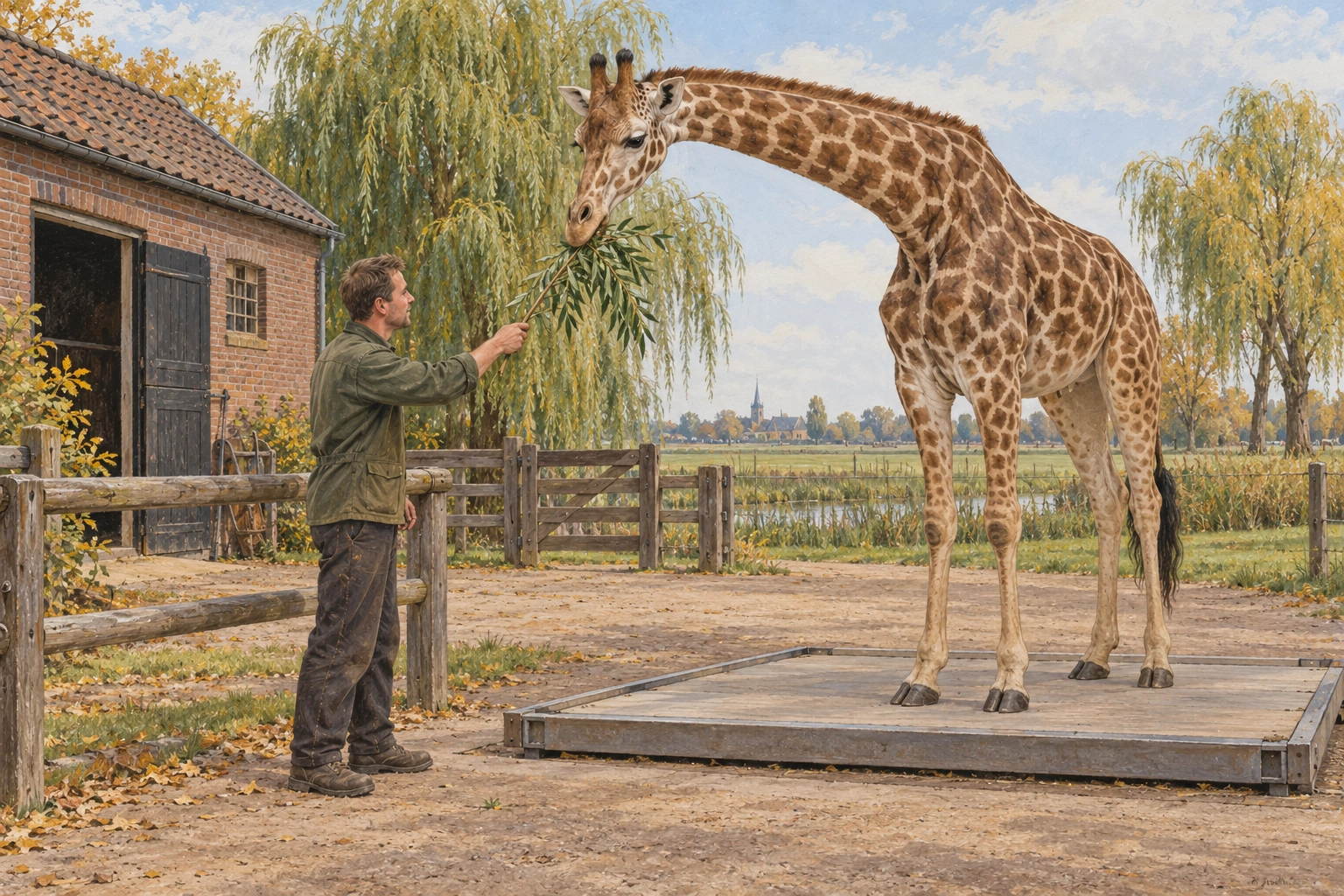 Illustration of Erik Smeding offering willow browse to a giraffe standing on a low weighing platform in a Dutch zoological yard.