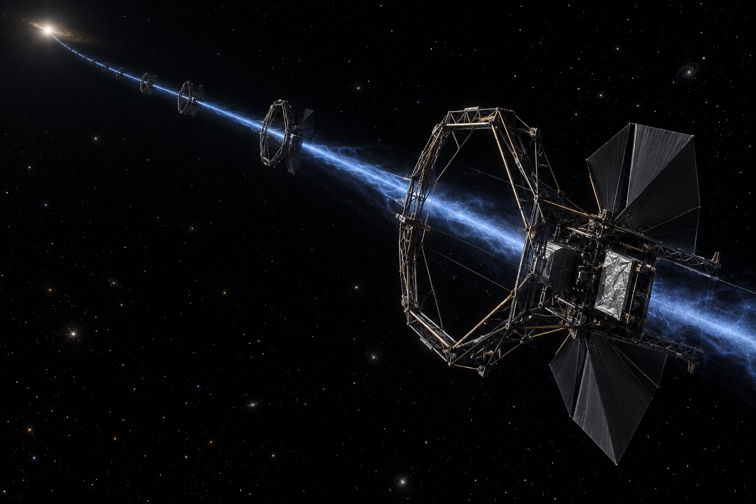 An open induction loop with radiator vanes intercepts a plasma stream. More collectors recede toward the distant bright star.