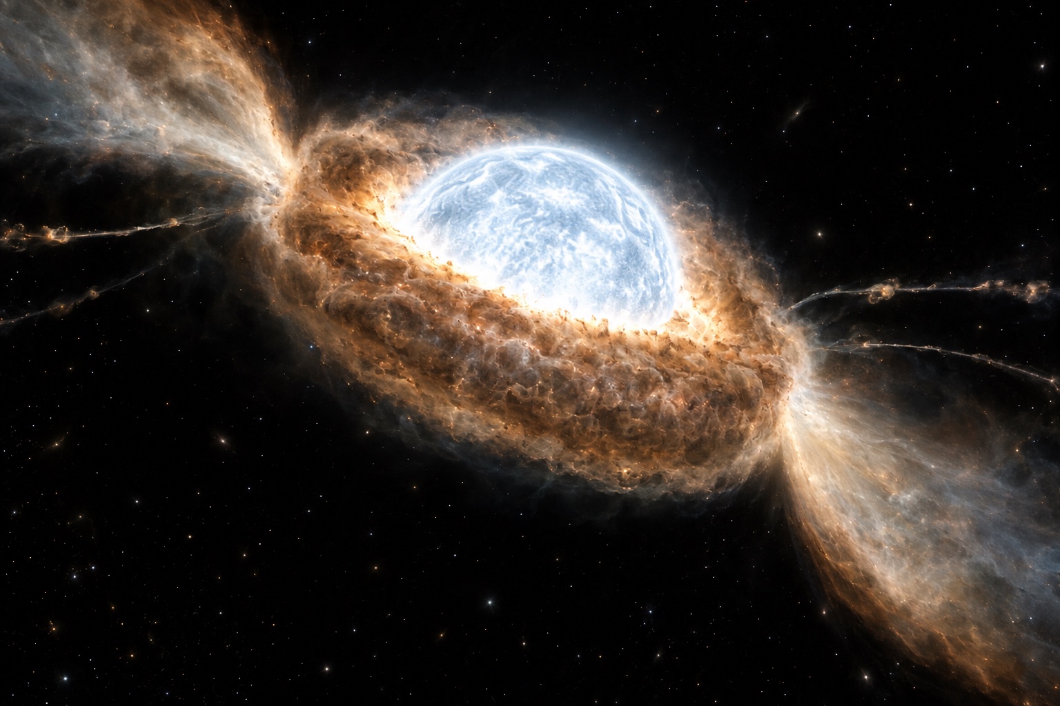 An exposed white-blue stellar core surrounded by a thick, turbulent plasma torus. Thin incoming streams enter between two broad outgoing plumes.