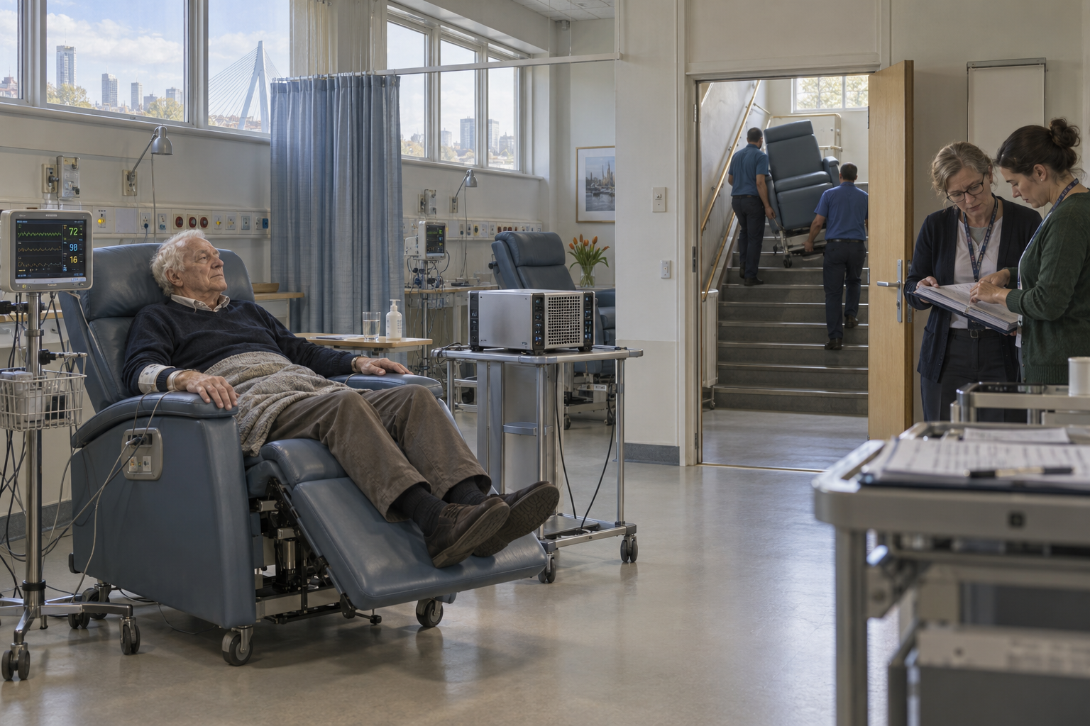 An older participant reclines beside a computing module in a converted surgical ward while two assessors review a register and two porters carry another oversized chair up stairs.