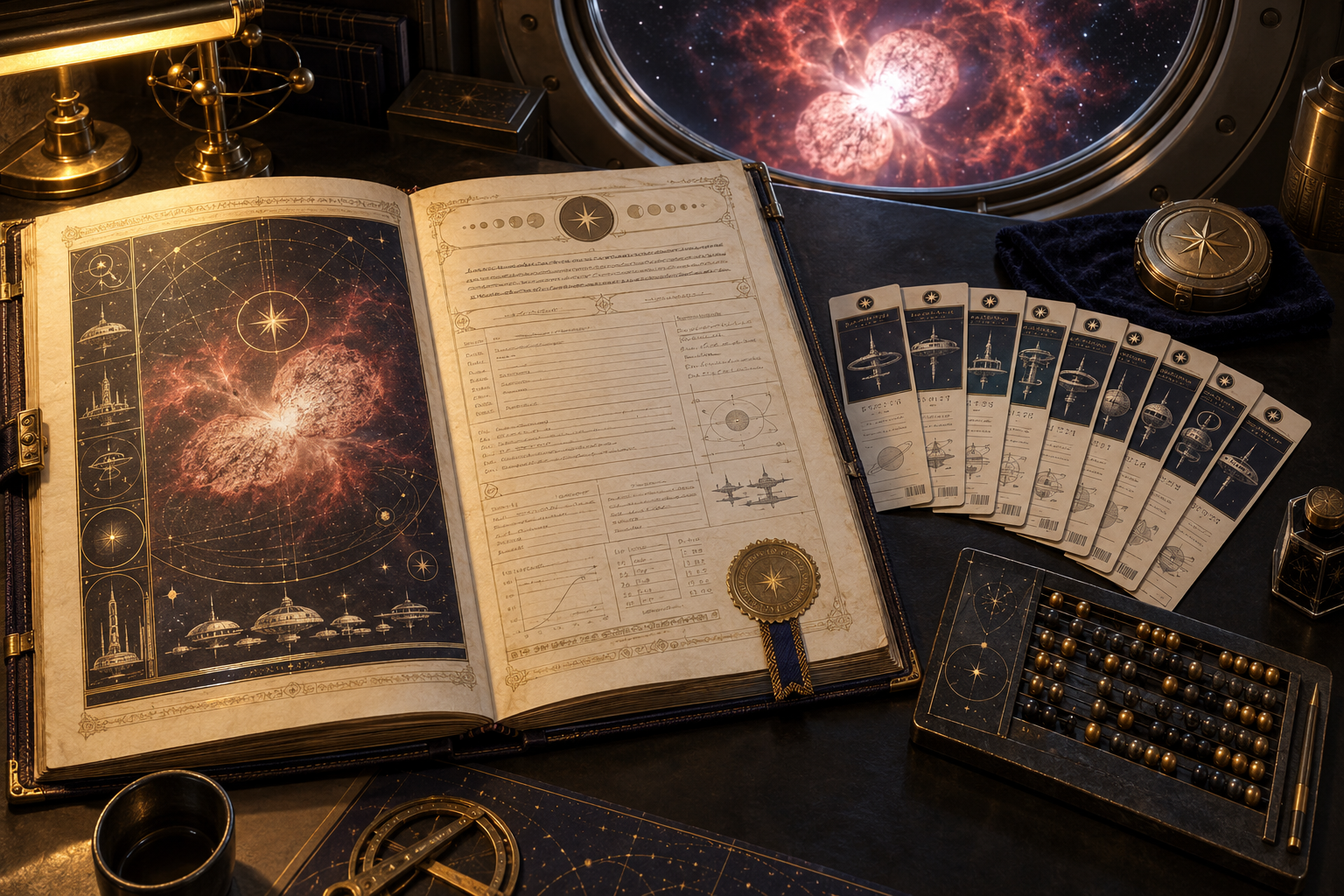 An open stellar insurance folio, station reservation cards and a rate-calculation slate lie on a desk beside a porthole looking toward intact Eta Carinae.