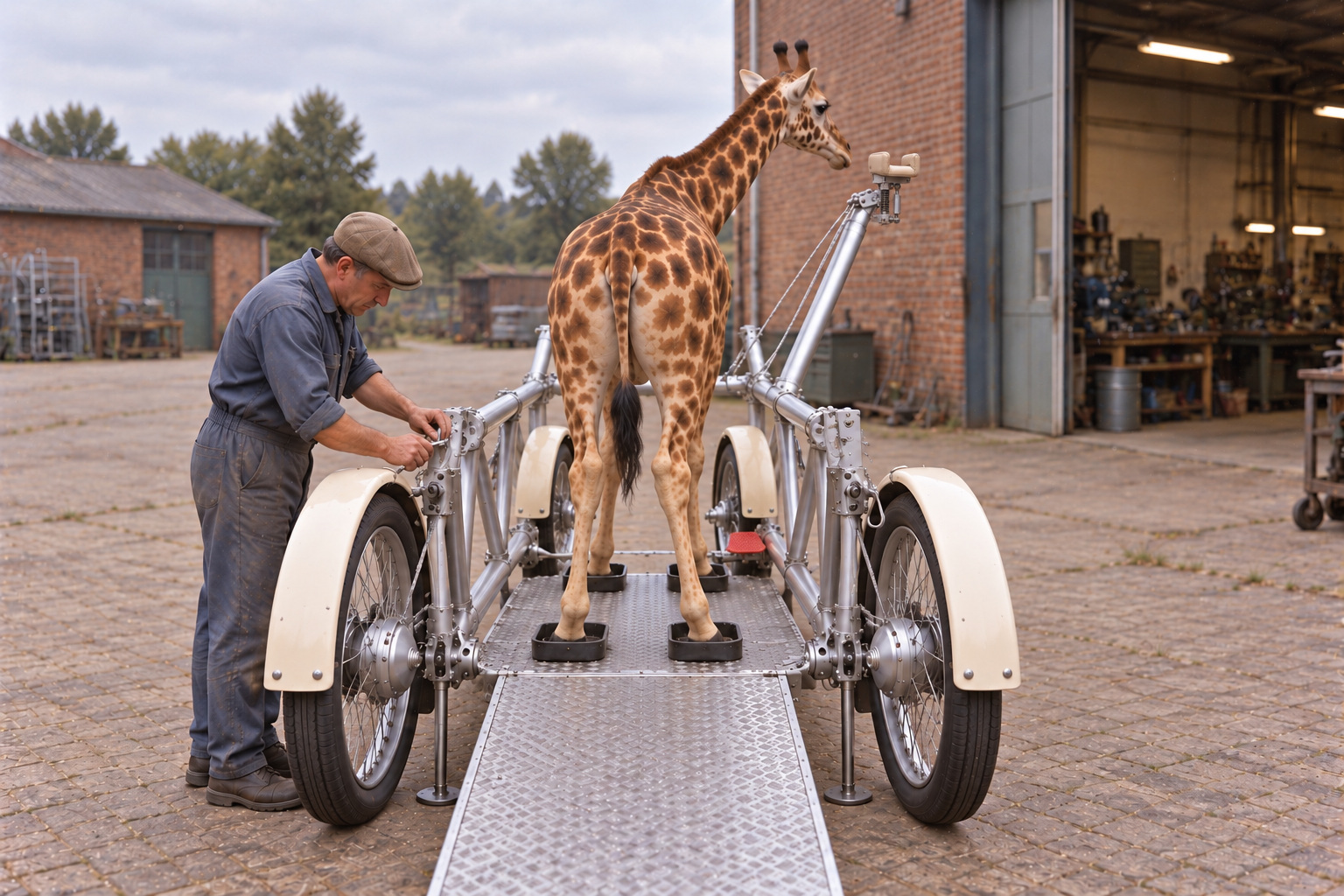 A giraffe stands on locked hoof trays in a compact quadricycle. The rear entry ramp is down, rear and centre bracing are retracted, four stands support the frame and the slings are slack.