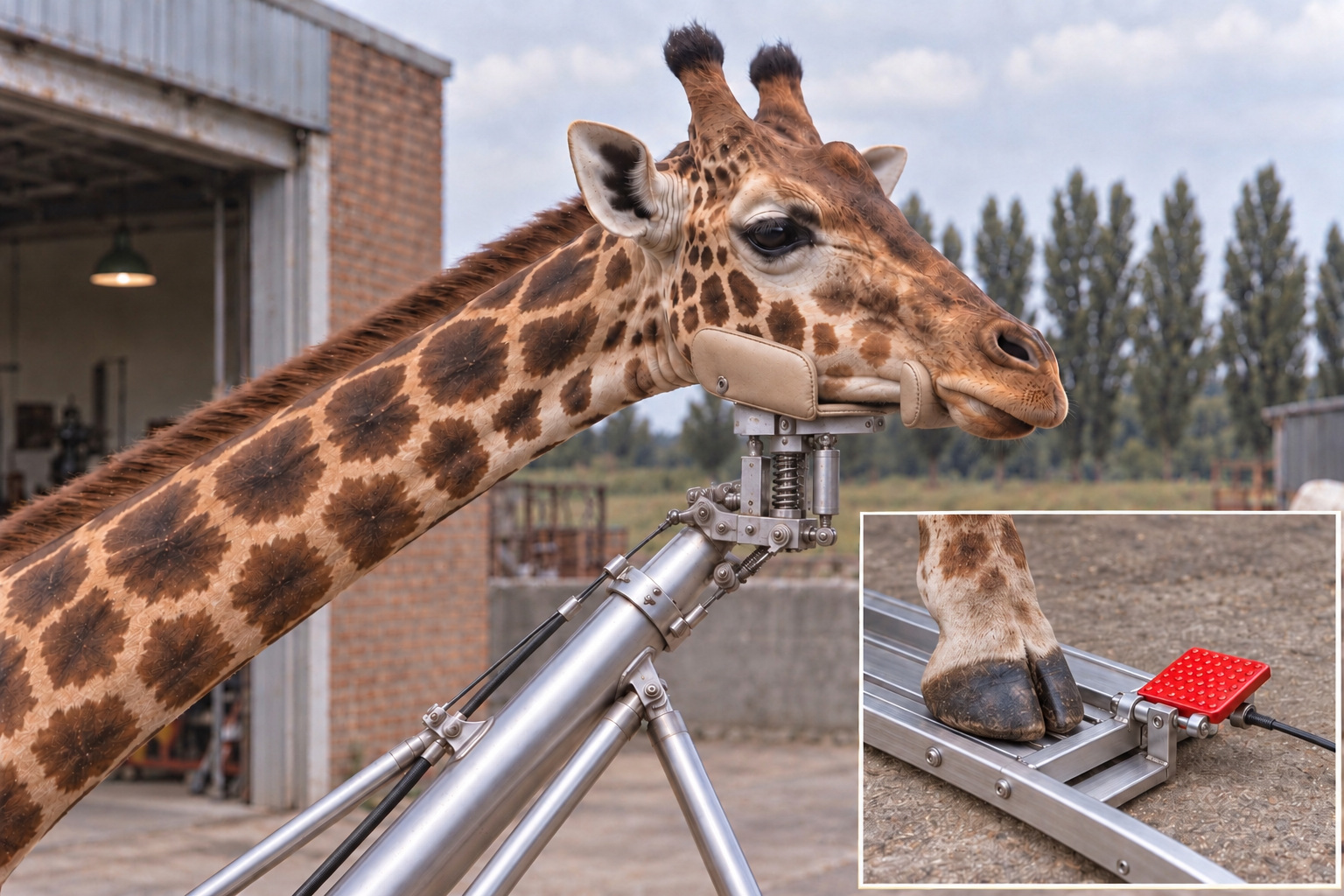 Close view of a giraffe resting its lower jaw between the low padded sides of an open chin cradle. A steering pivot, sprung vertical follower and dashpot connect it to the control boom. The inset shows the separate red escape pedal beside a front hoof tray.