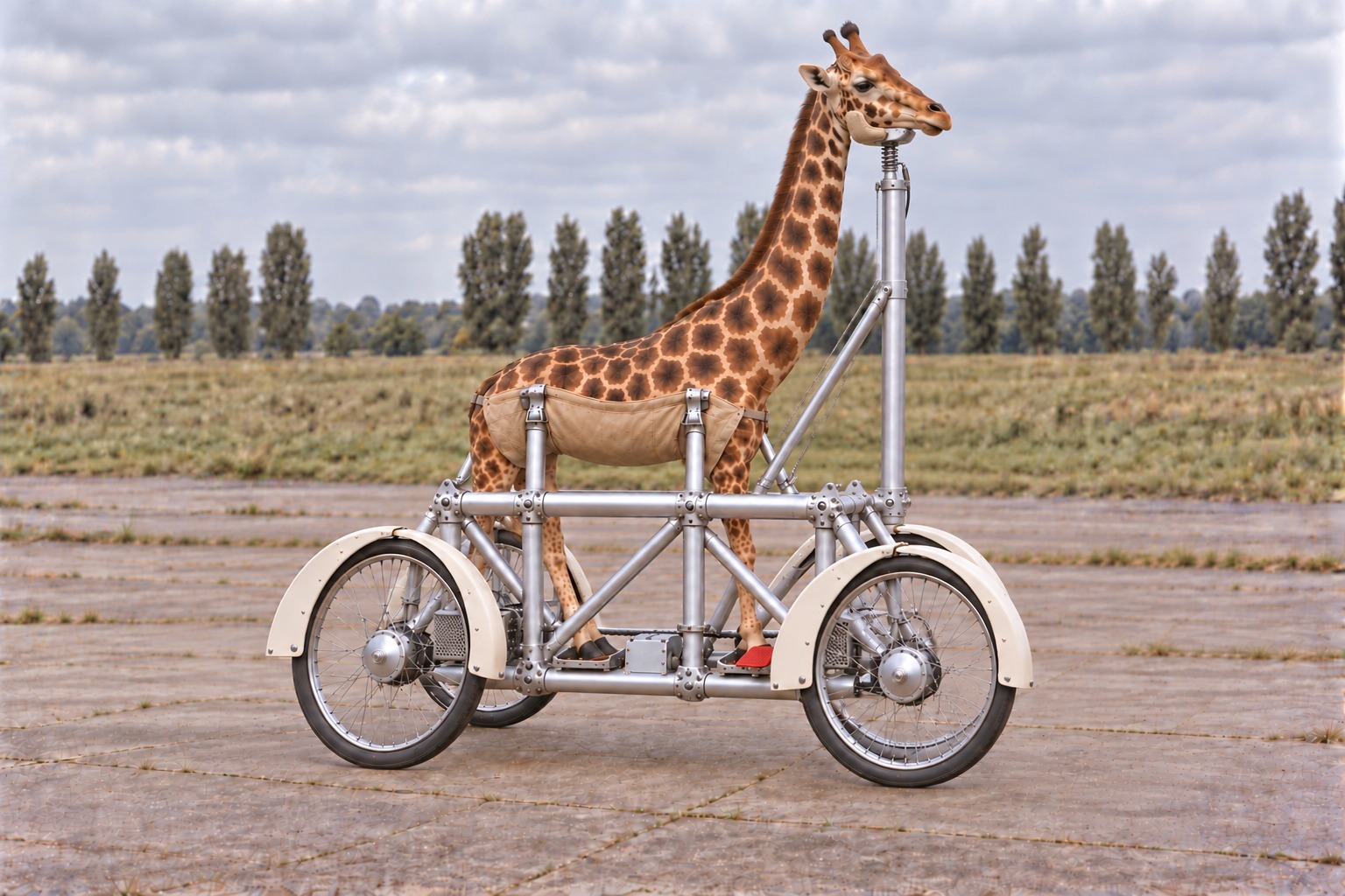 An earlier Giraffecycle prototype with a giraffe holding its neck upright and a tall vertical chin-control mast.