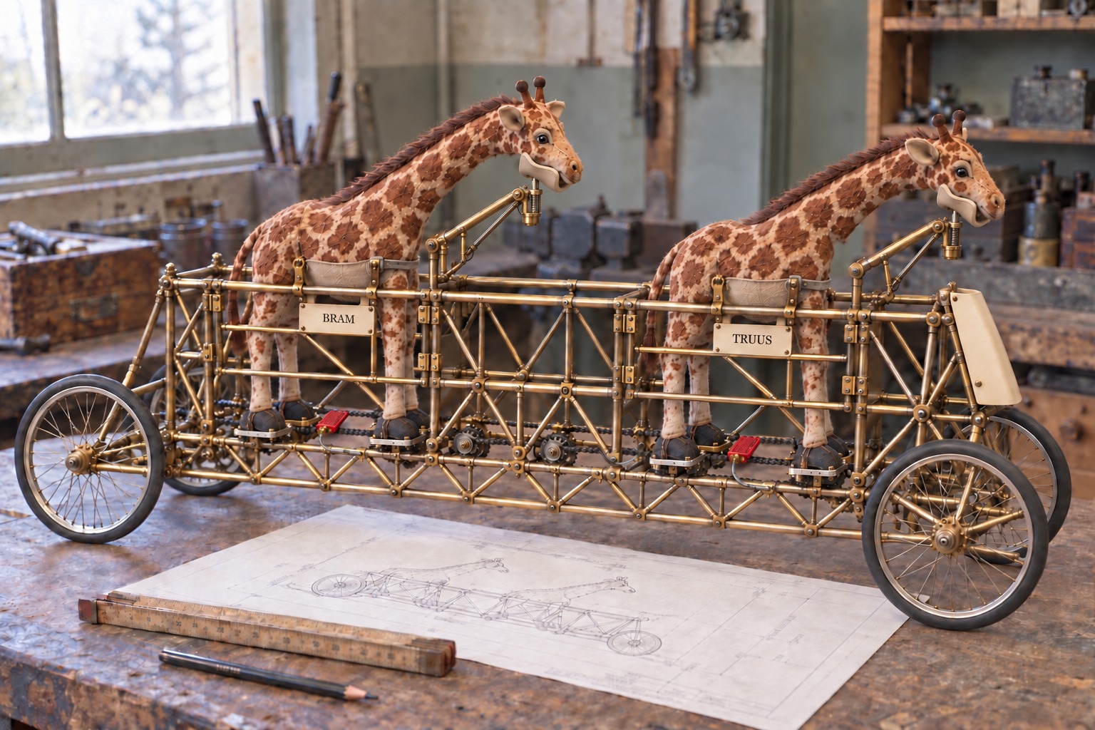 Two stuffed giraffes with forward-inclined necks and lowered chin controls stand one behind the other in a tabletop model of the tandem Giraffecycle.