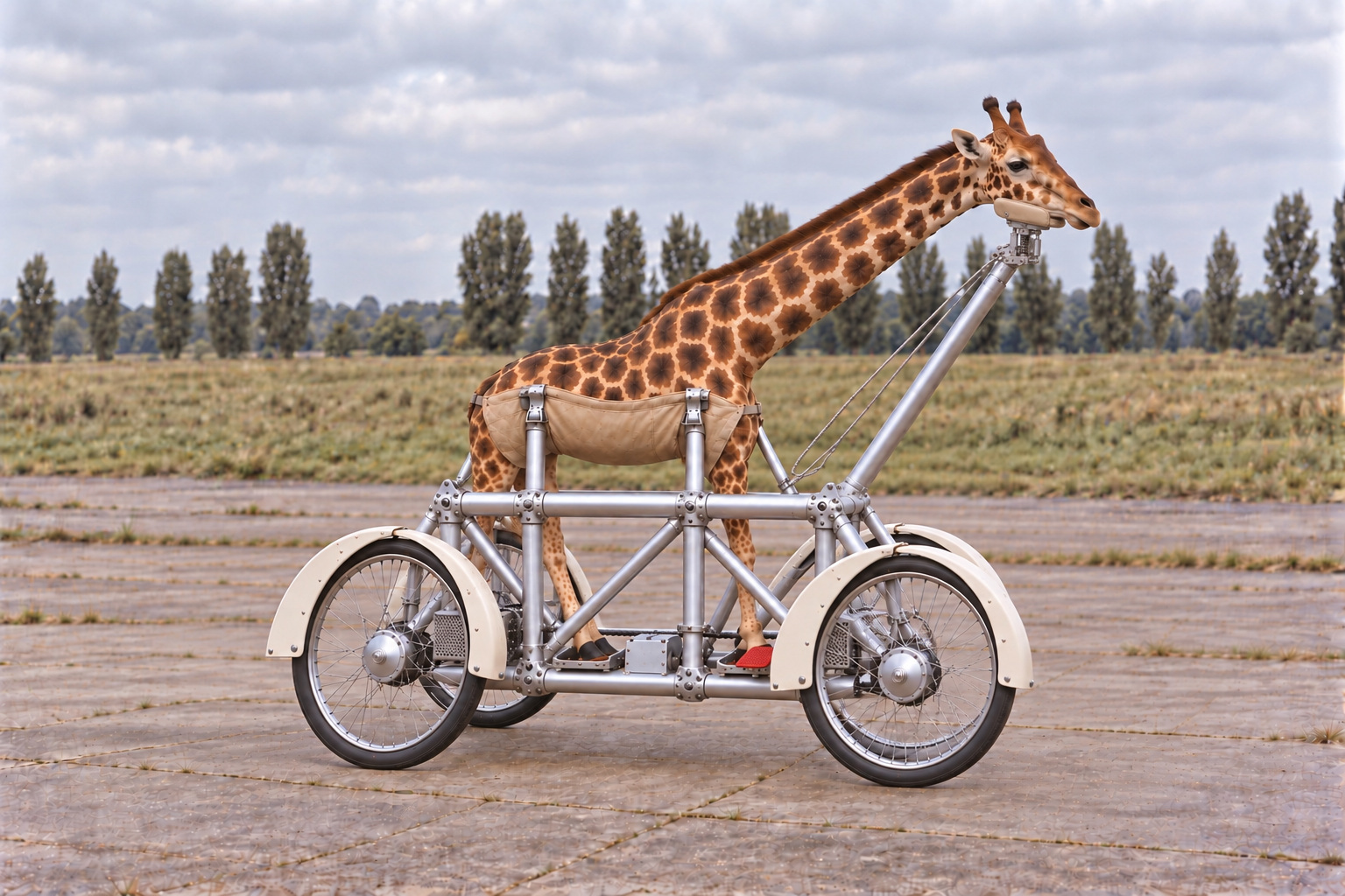 A giraffe extends its neck forward to a lowered chin control in a lightweight open quadricycle. Four spoked wheels, triangulated tubes, a small nose shield and low hoof trays are visible.