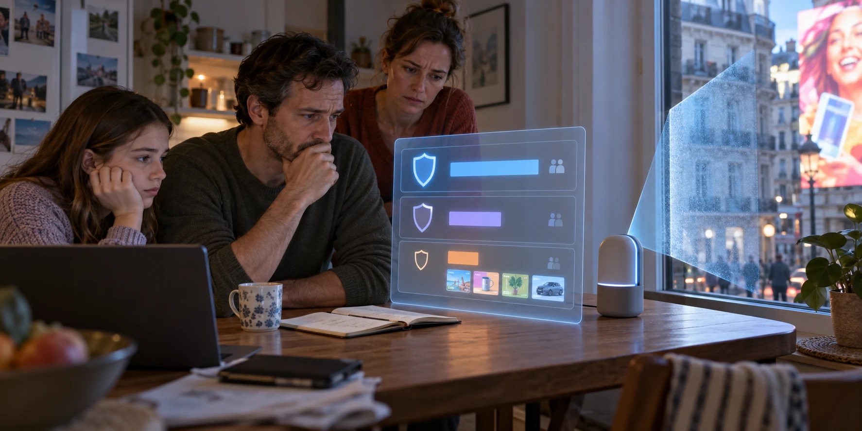 Three household members study a guardian subscription display with three plan tiers; the cheapest tier includes sponsored tiles, while a guardian device filters a bright advertisement outside their window.