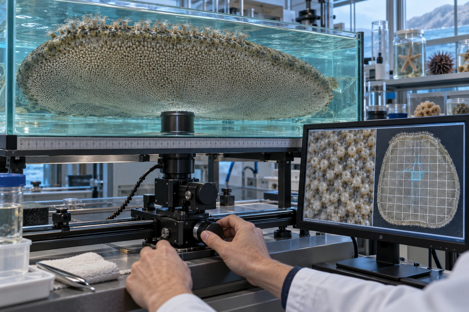 An upward-facing camera examines the underside of a carpet sea cucumber through a glass tank. A monitor compares an enlarged foot sample with a map of the whole sole.