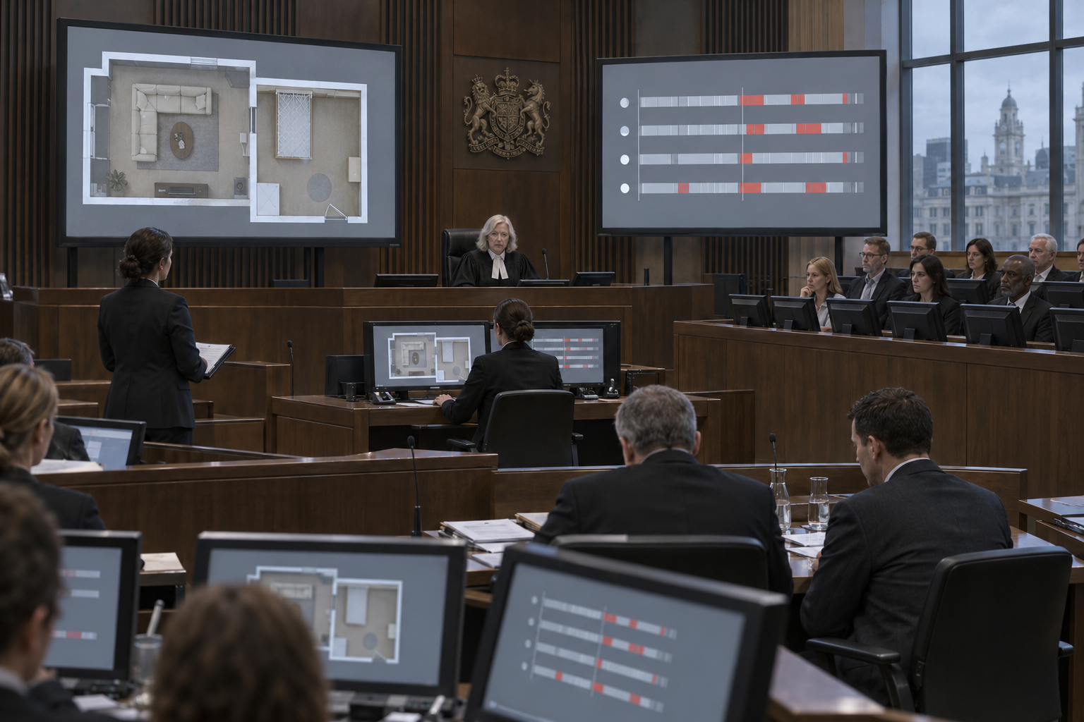 At the Ilex House hearing, a judge and jurors view neutral screens showing adjoining rooms and a timeline of missed care checks; the father sits with counsel.