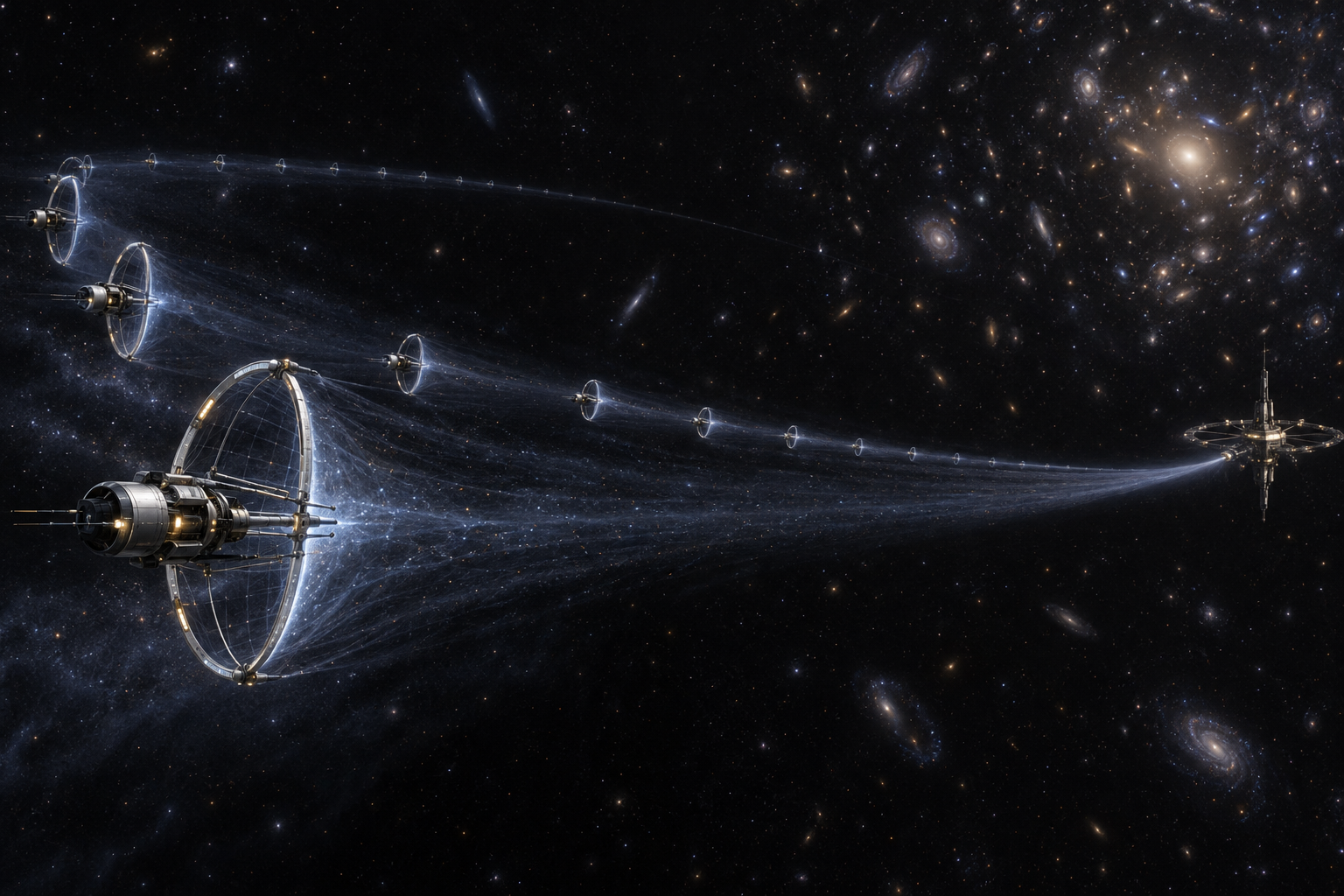 Field-generator craft spaced through dark intergalactic space guide a faint gas stream toward a distant receiving station, with a galaxy cluster behind them.