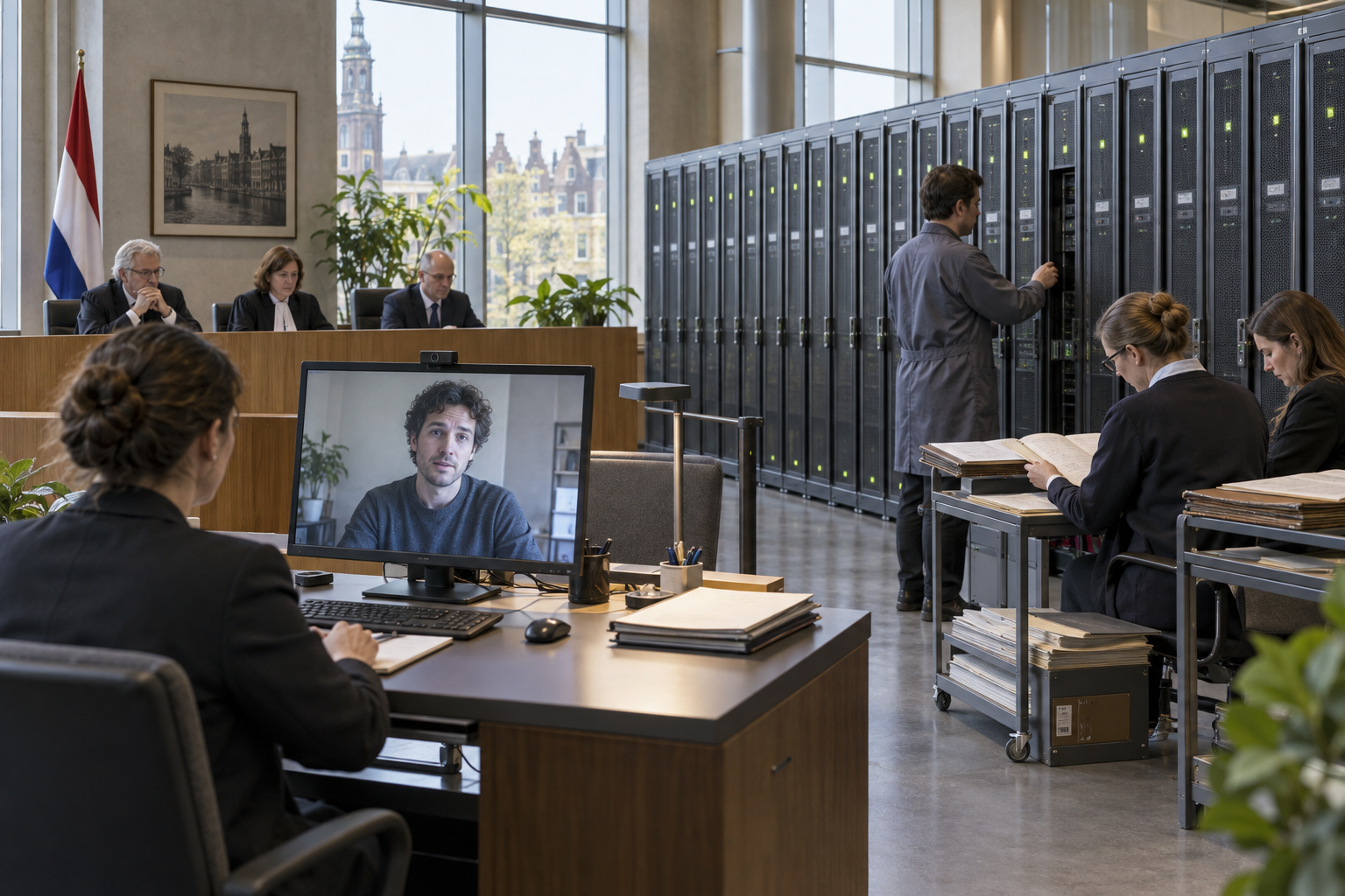 At a Dutch hearing, one working copy appears on a video terminal while a technician tends a long row of separate storage cabinets and clerks examine maintenance records.