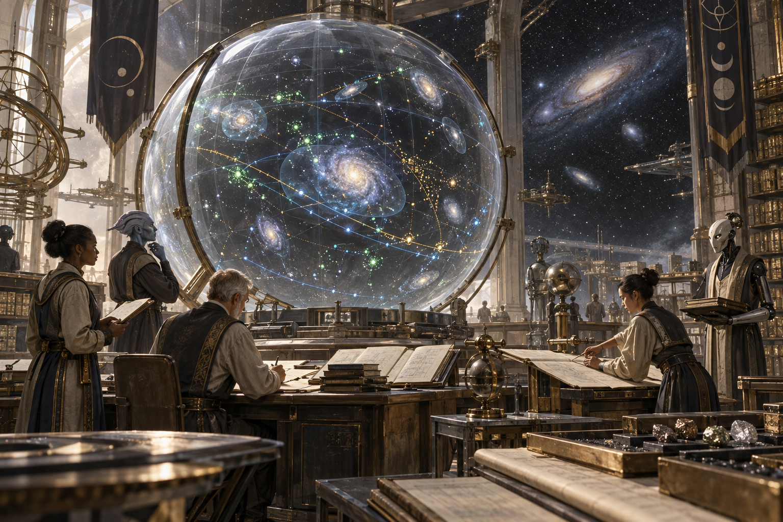 Clerks and machine archivists compare ledgers around a luminous spherical map of nearby galaxies in a regional accounting chamber.