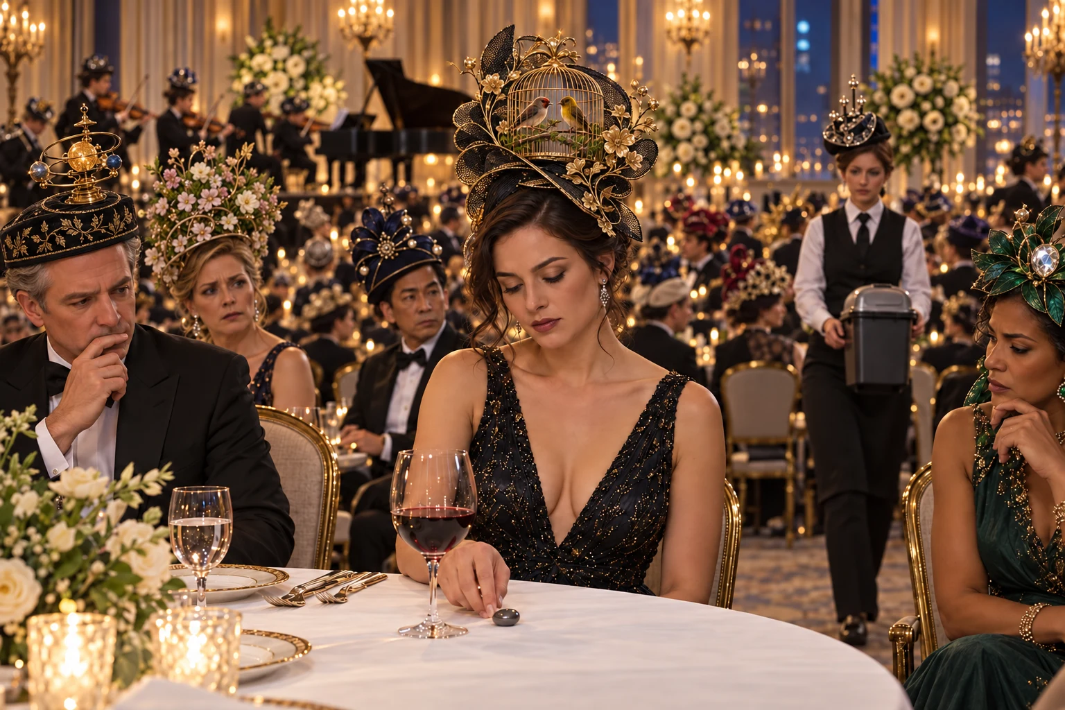 Mara Vey, wearing a black-and-gold aviary hat containing live finches, sets a sealed grey pellet beside her wineglass. Guests, musicians and the approaching waiter all wear elaborate hats, including compact mechanical and jeweled designs.