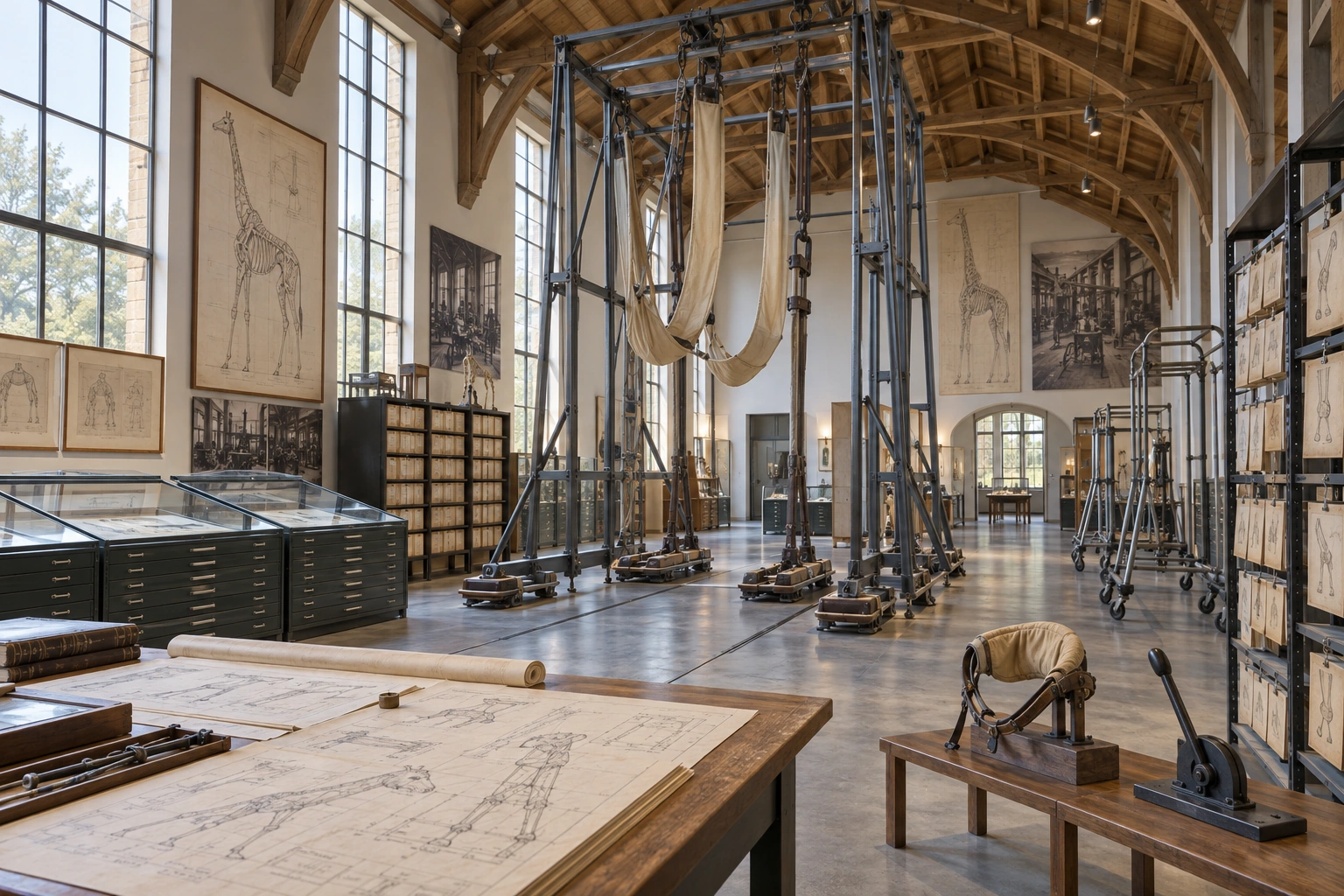 A high-roofed collection gallery holds a tall empty sling rig, hoof platforms, drawings, fitting records and a spare chin control with a hand lever.