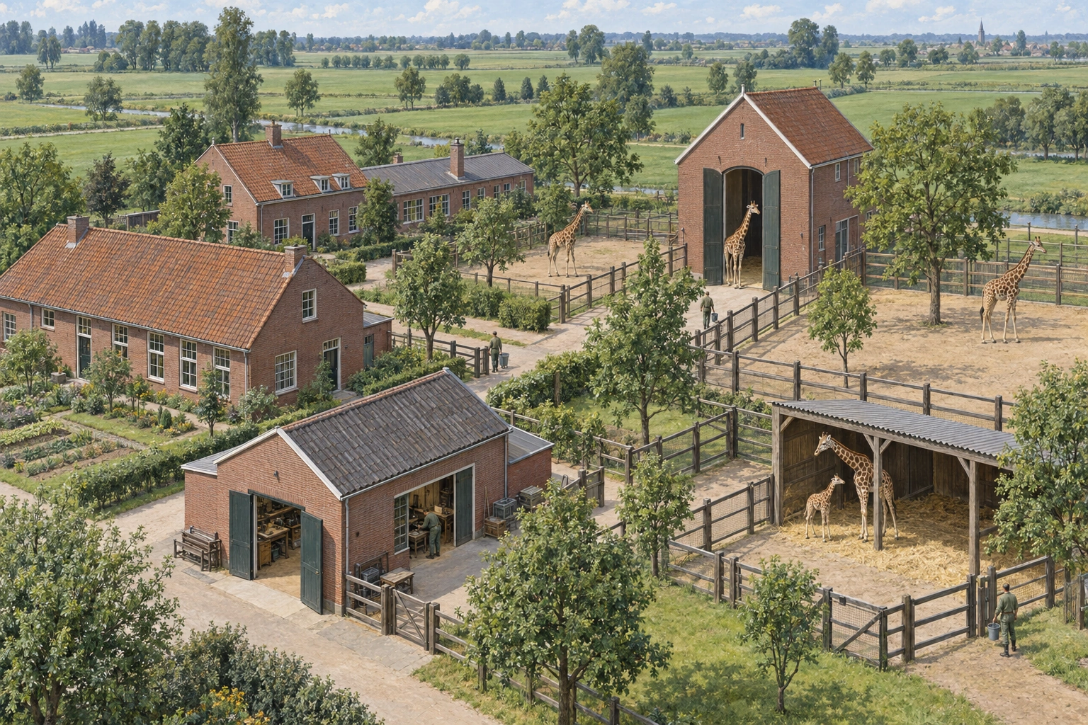 Illustrated elevated view of Marenbroek Zoological Station, with brick research buildings, a mechanical workshop, tall giraffe housing and adjoining paddocks.