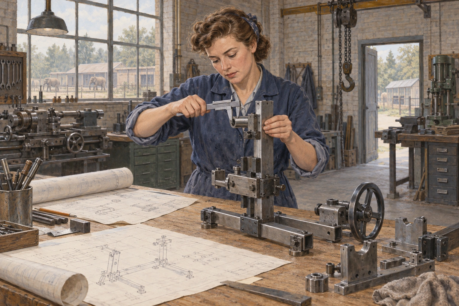 Illustration of Marta van Dalen measuring an adjustable support mechanism at a workshop bench, with drawings and a hoist nearby.