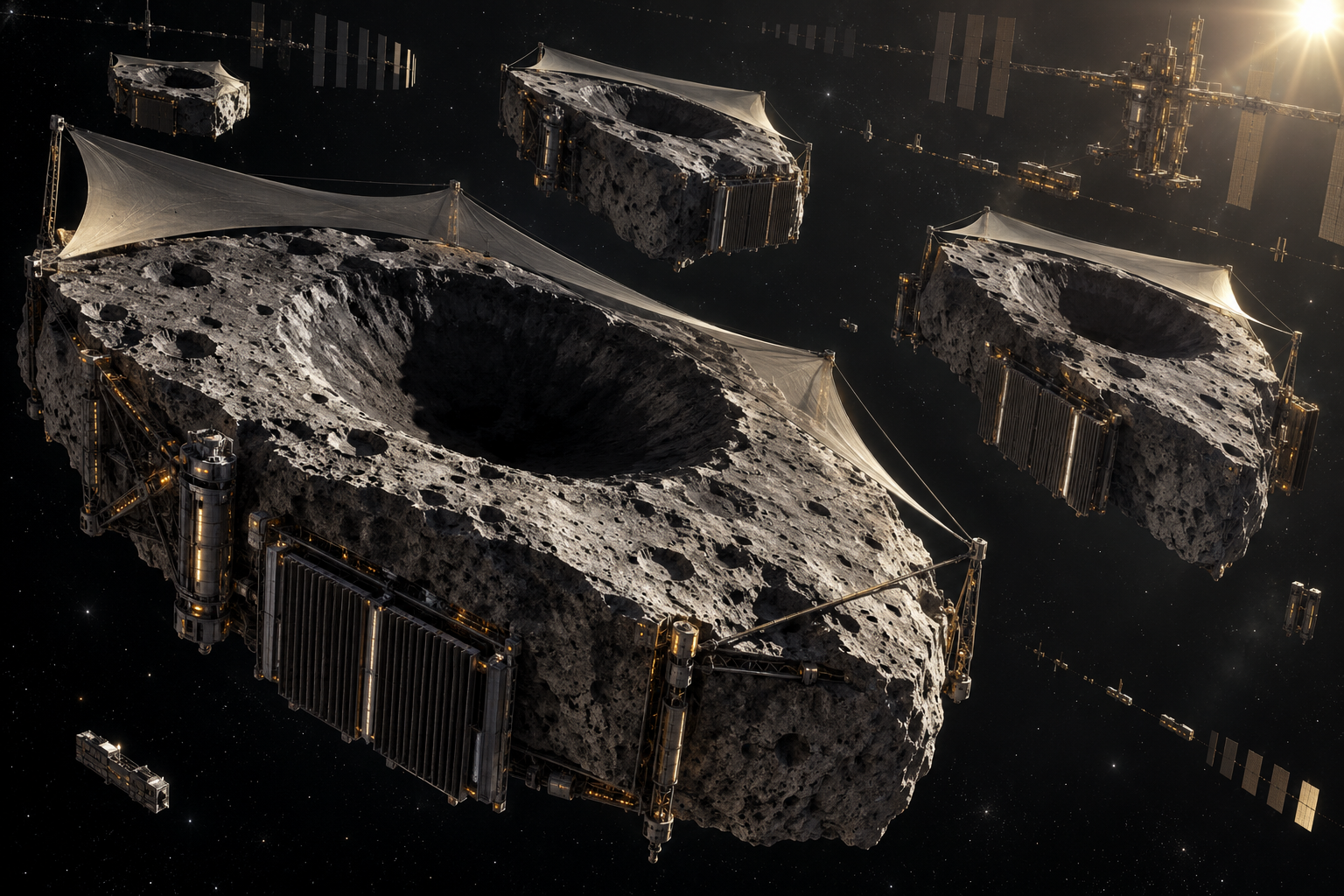 Several intact cratered fragments of Mercury orbit beneath taut sunshades, with dark crater floors and cooling equipment along their sides.