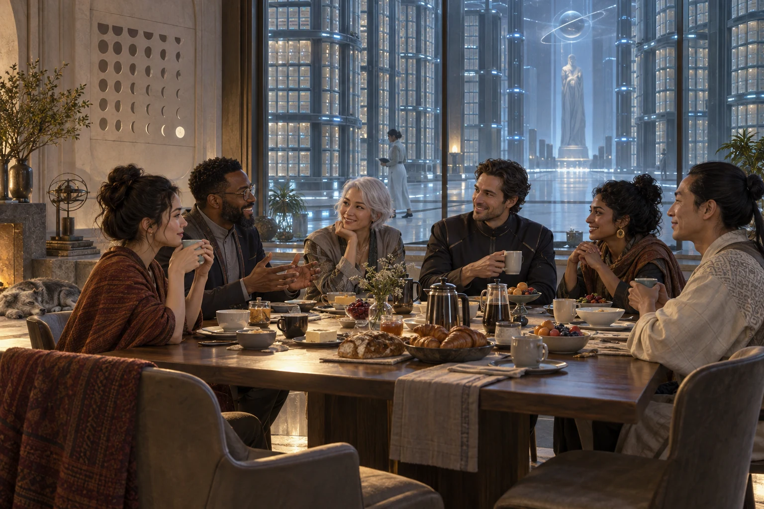 Six members share breakfast at a table beside the lit memory archives that preserve them between millennial meetings.