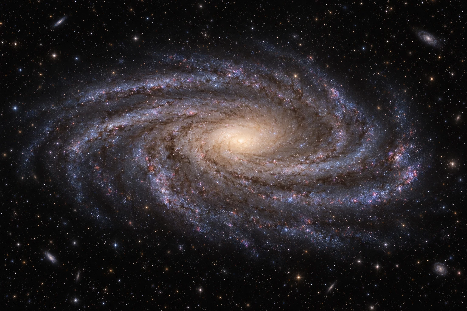 An external view of a spiral model galaxy in deep space, with a warm central bulge, pale blue-white arms, dark dust lanes and scattered reddish nebulae.