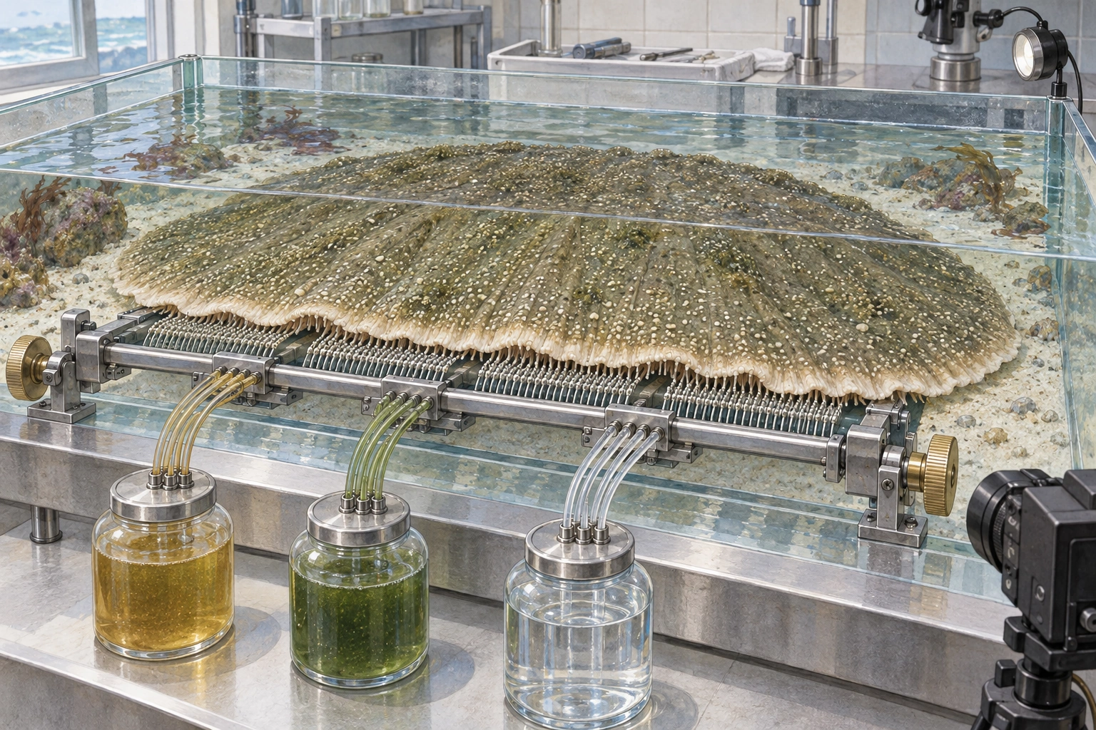 A broad, flat olive-grey carpet sea cucumber rests in a seawater tank with adjustable banks of fine feeding outlets beneath its leading edge. Separate golden, green and clear reservoirs supply the apparatus.
