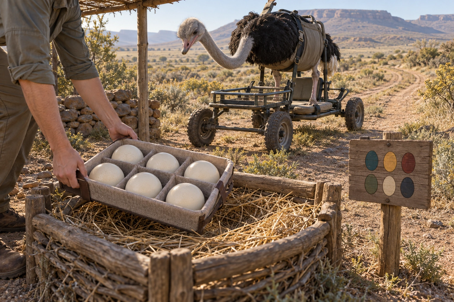 An attendant lowers a tray of six ostrich eggs into a receiving nest beside a wooden clutch-pattern address marker. The ostrich watches from its parked courier.