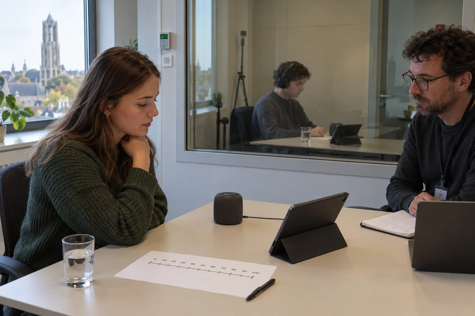 In a Utrecht research room, a volunteer listens beside a speaker and tablet while a researcher observes; a 0–100 agreement scale lies on the table and another participant sits behind glass.