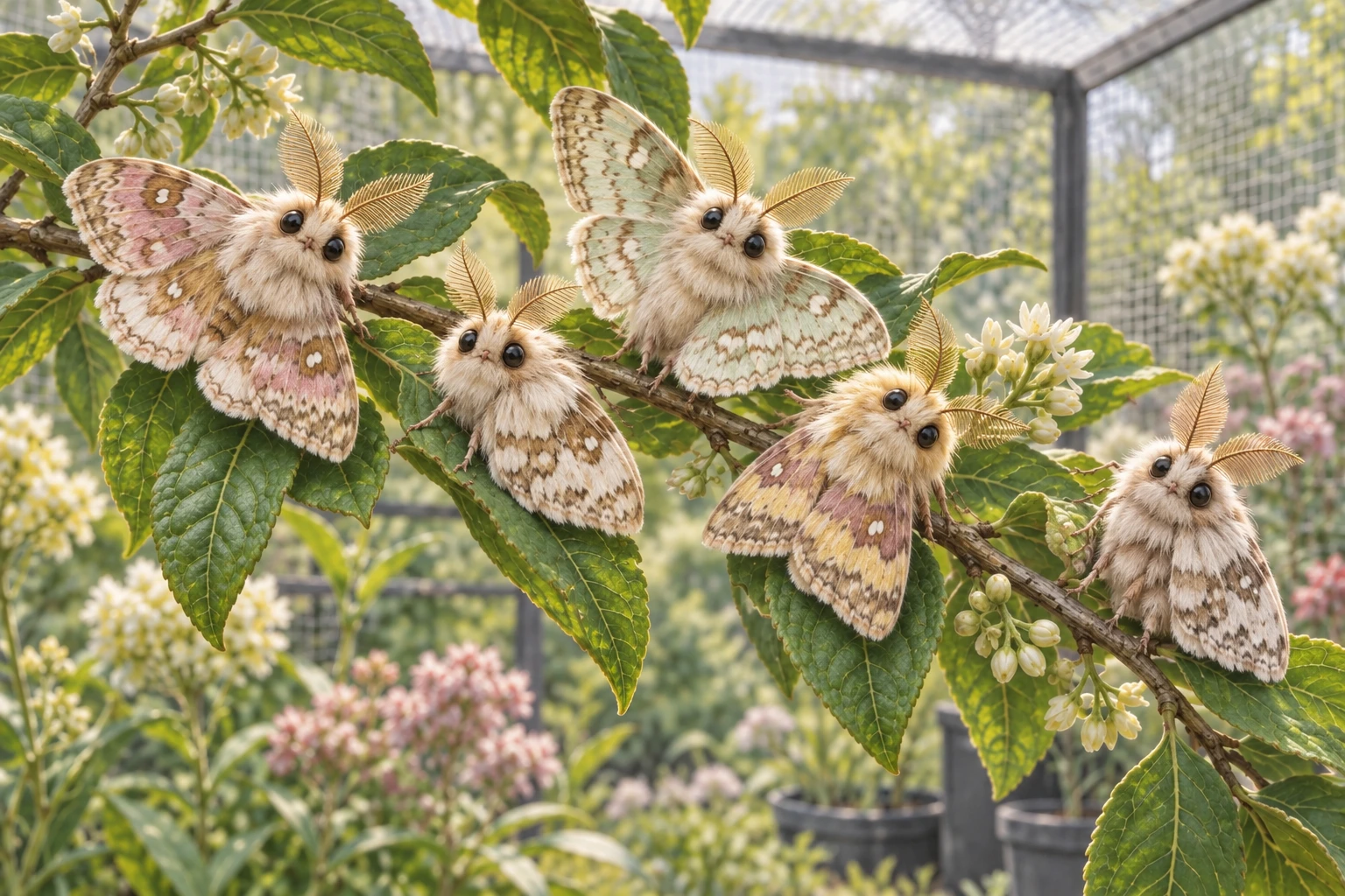 Five tiny, round-headed moths with thick silky fur, huge glossy black eyes, patterned wings and feathery antennae gather on one leafy branch inside a screened nursery garden.