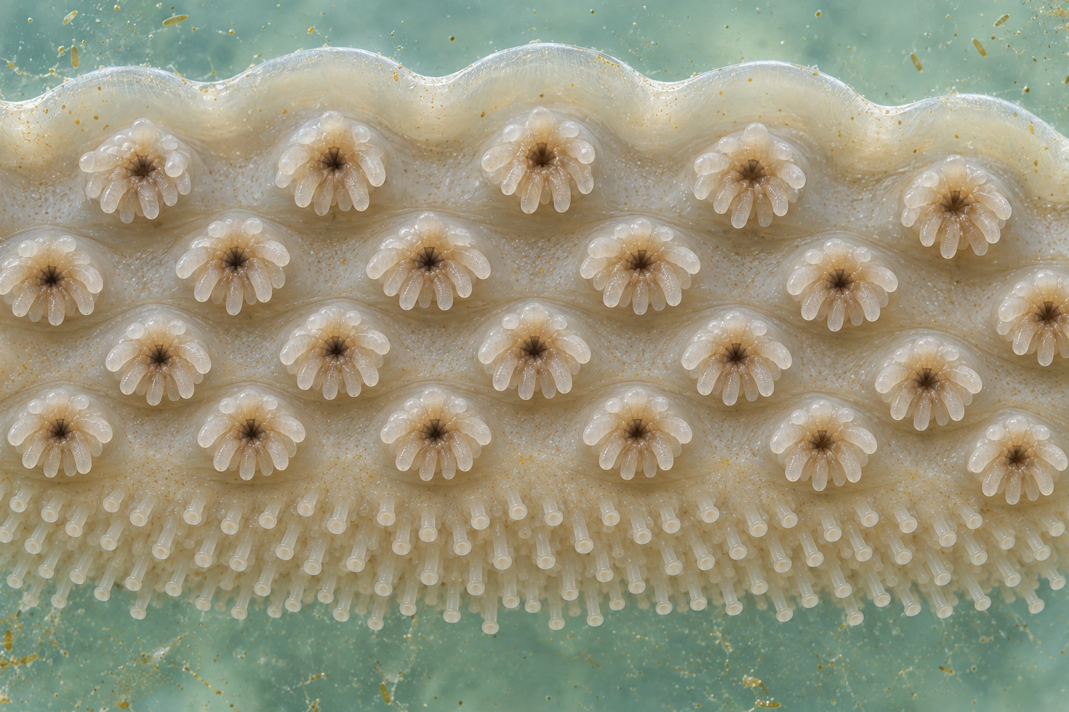 Close view of one continuous cream-coloured sole with four staggered rows of tentacle-crowned mouths and finer walking feet behind them.
