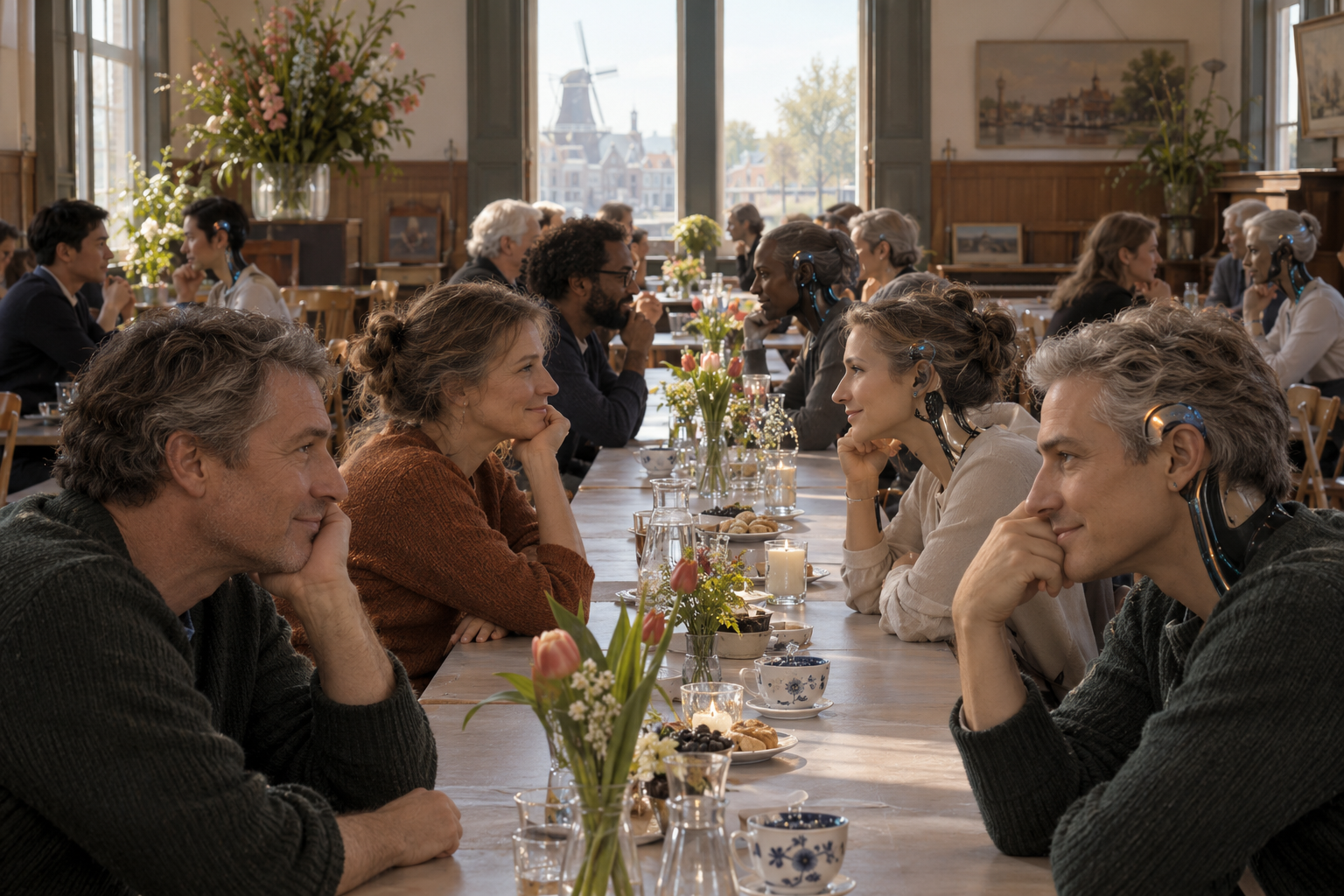 In a Dutch community hall, saved guests sit across a long table from their post-merger continuations and converse in pairs.