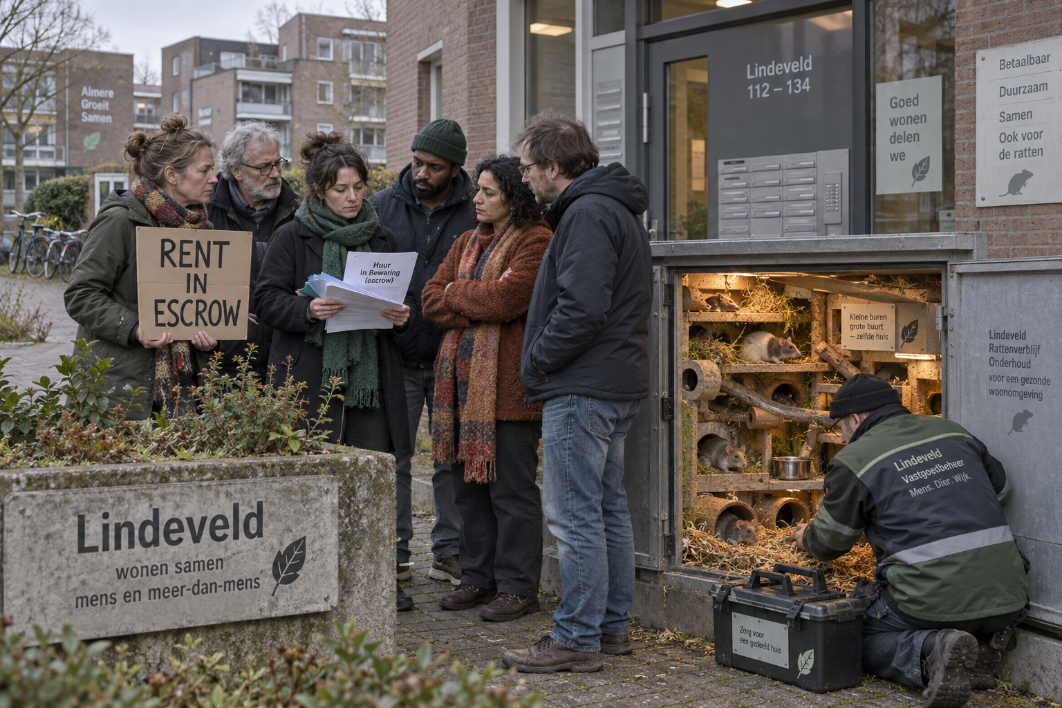 Tenants gather with escrow papers and a rent-strike sign outside a Dutch apartment block while a worker tends soft-coated rats in an illuminated service-wall habitat.