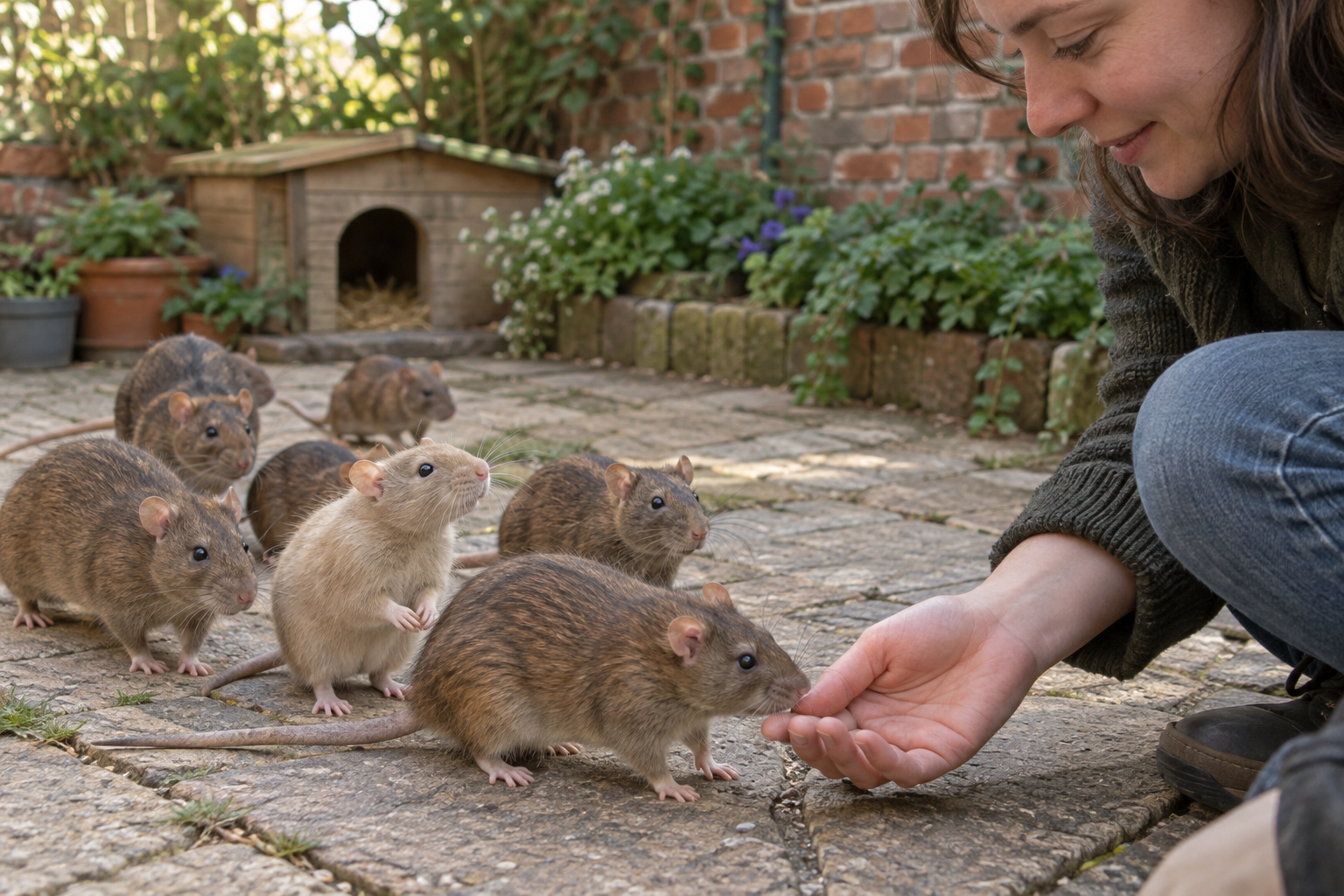 A loose group of soft-coated brown and buff rats with rounded faces approaches a crouching visitor in a courtyard; the nearest rat sniffs the visitor’s offered hand.