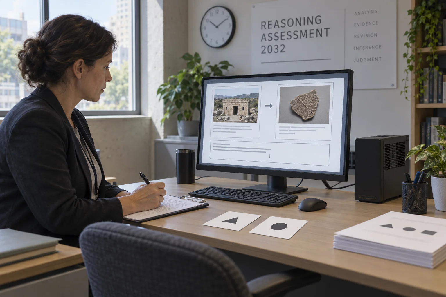 An examiner records a machine assessment in a 2032 office. A computer presents two pieces of evidence beside paper test cards.