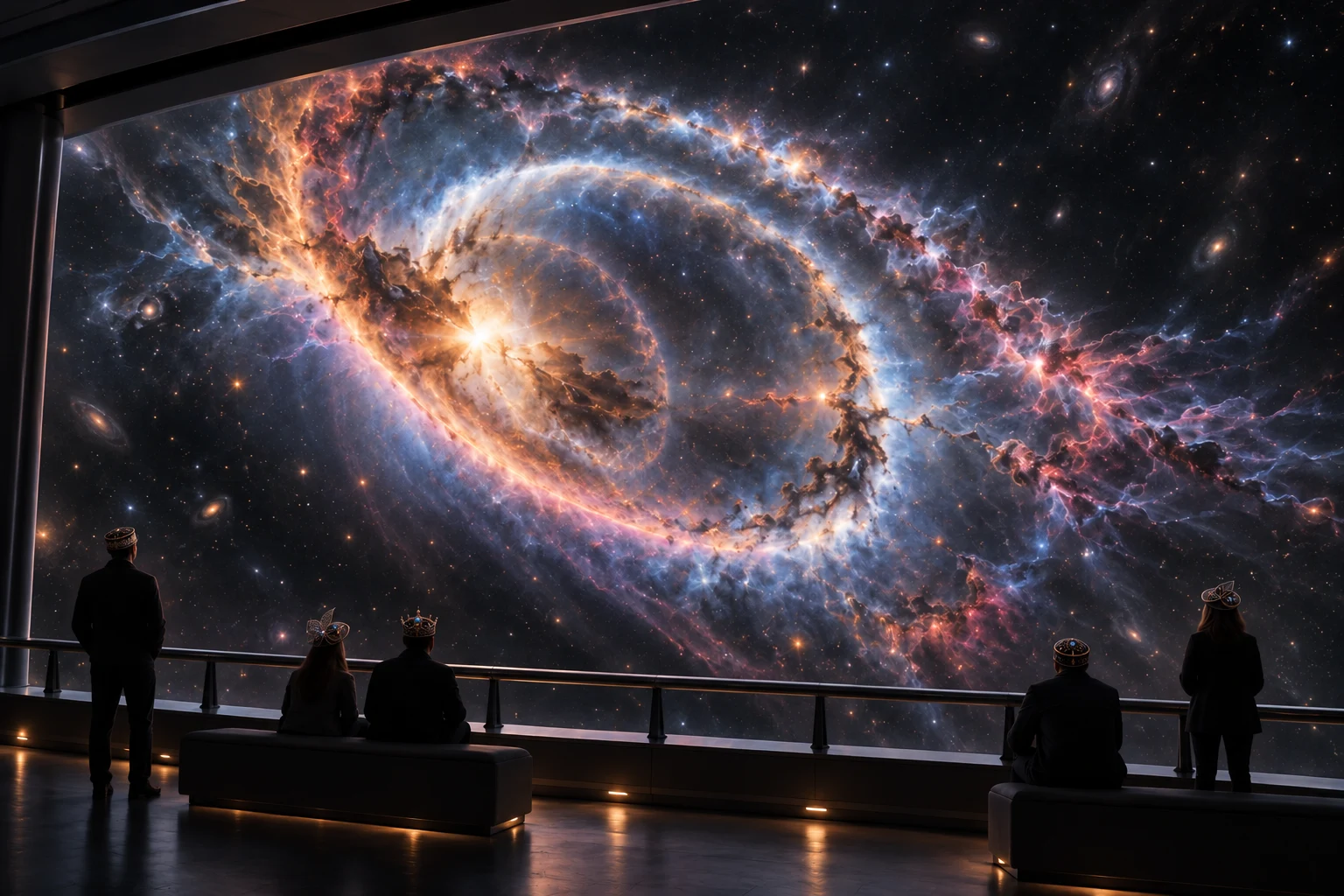 Five observers wearing compact, intricately decorated hats watch an astronomical performance of blue-white and amber shells and branching luminous filaments from a dark gallery.