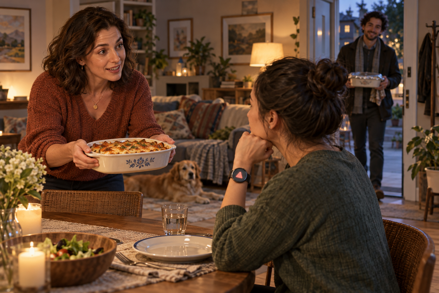 A friend offers a casserole and speaks earnestly to a seated acquaintance whose wrist guardian shows a small caution signal; another visitor waits at the door with a covered dish.