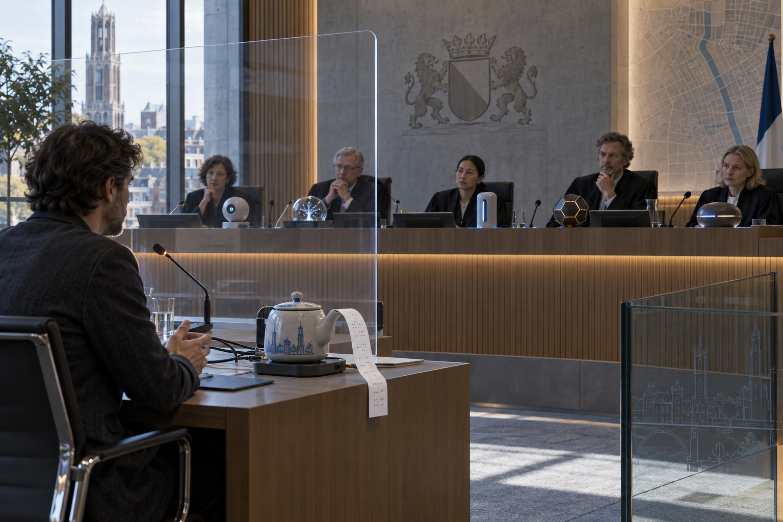 Elias Rook sits behind a transparent witness screen before five tribunal members, each with a different guardian device; a porcelain teapot on the witness table prints a strip of testimony from its spout.